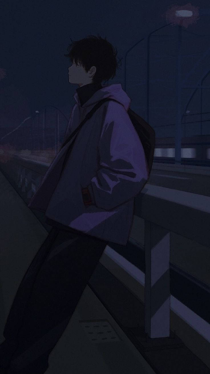 動漫男孩穿著紫色連帽衫在夜晚靠著欄杆，頭頂是路燈。