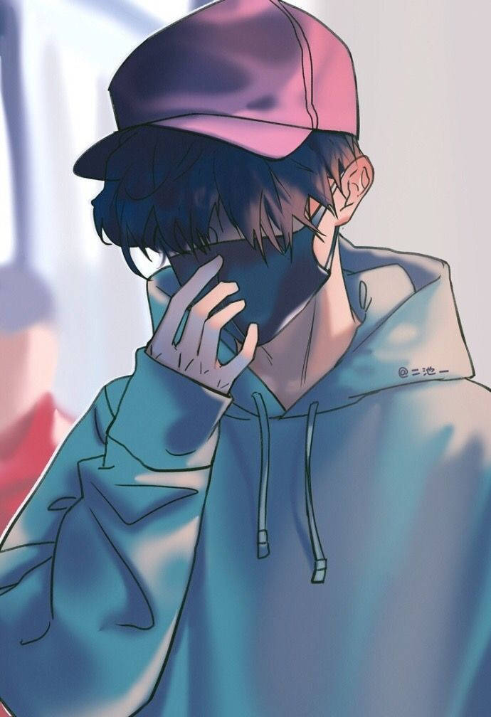 動漫男孩戴粉紅色帽子和藍色連帽衫調整口罩。