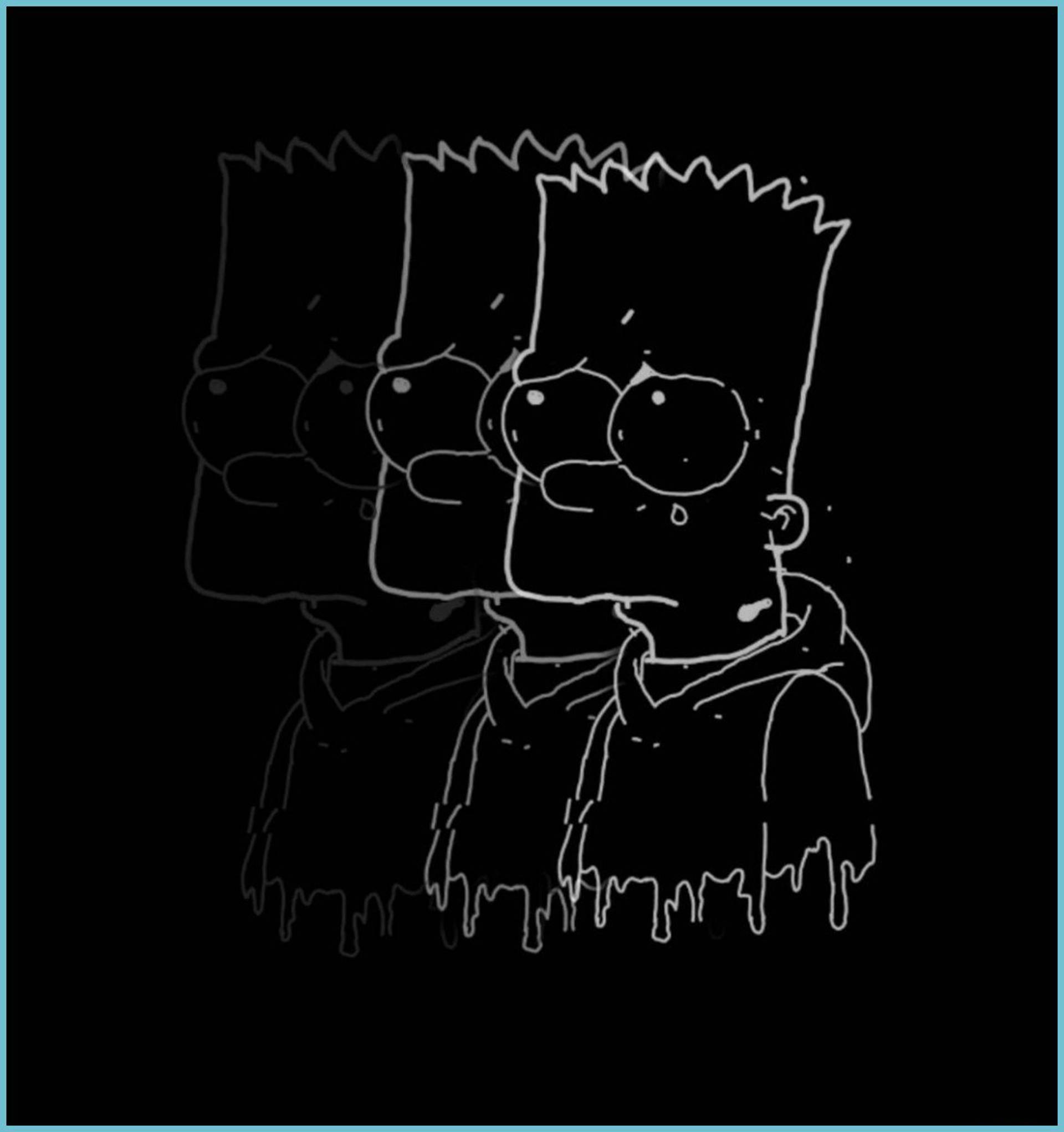 傷心男孩巴特 壁紙 — 一幅令人毛骨悚然的白色線條畫，描繪了巴特·辛普森，其特徵融化並帶有鬼影般的複製品，背景為黑色。