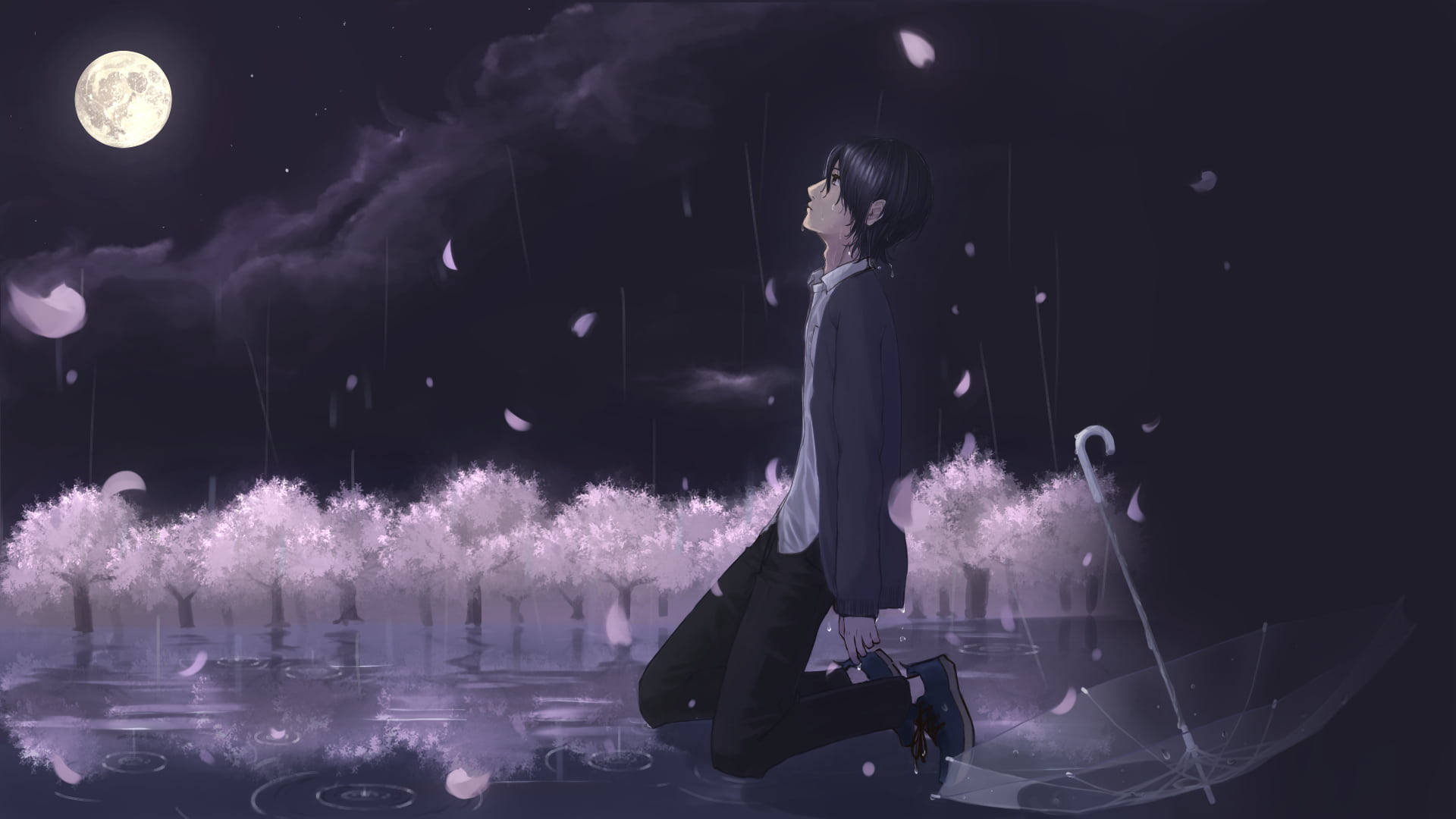 動漫男孩跪在滿月下的雨中，櫻花在他周圍飄落。
