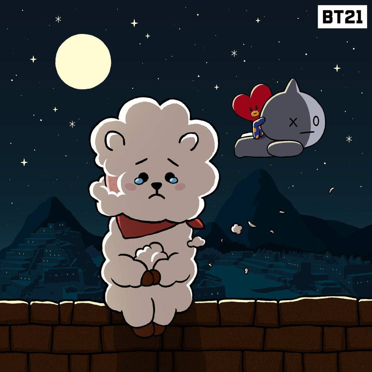 傷心的RJ BT21 壁紙 — 一隻可愛的卡通熊戴著紅色圍巾坐在石牆上，滿月下，一隻灰色貓咪拿著心形漂浮在古老廢墟上方。