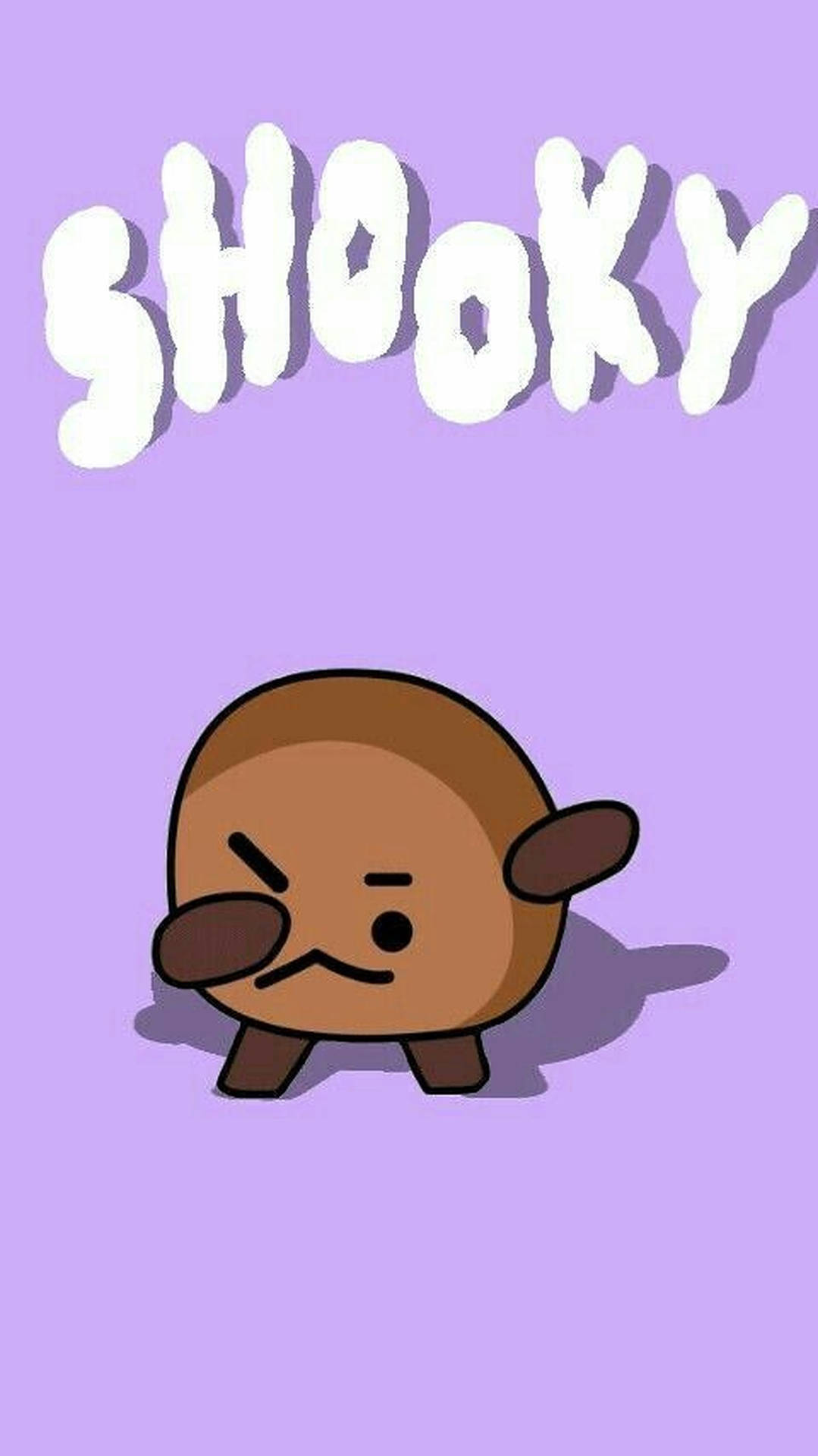 一個不高興的卡通角色，上方有「SHOOKY」字樣，背景為紫色。