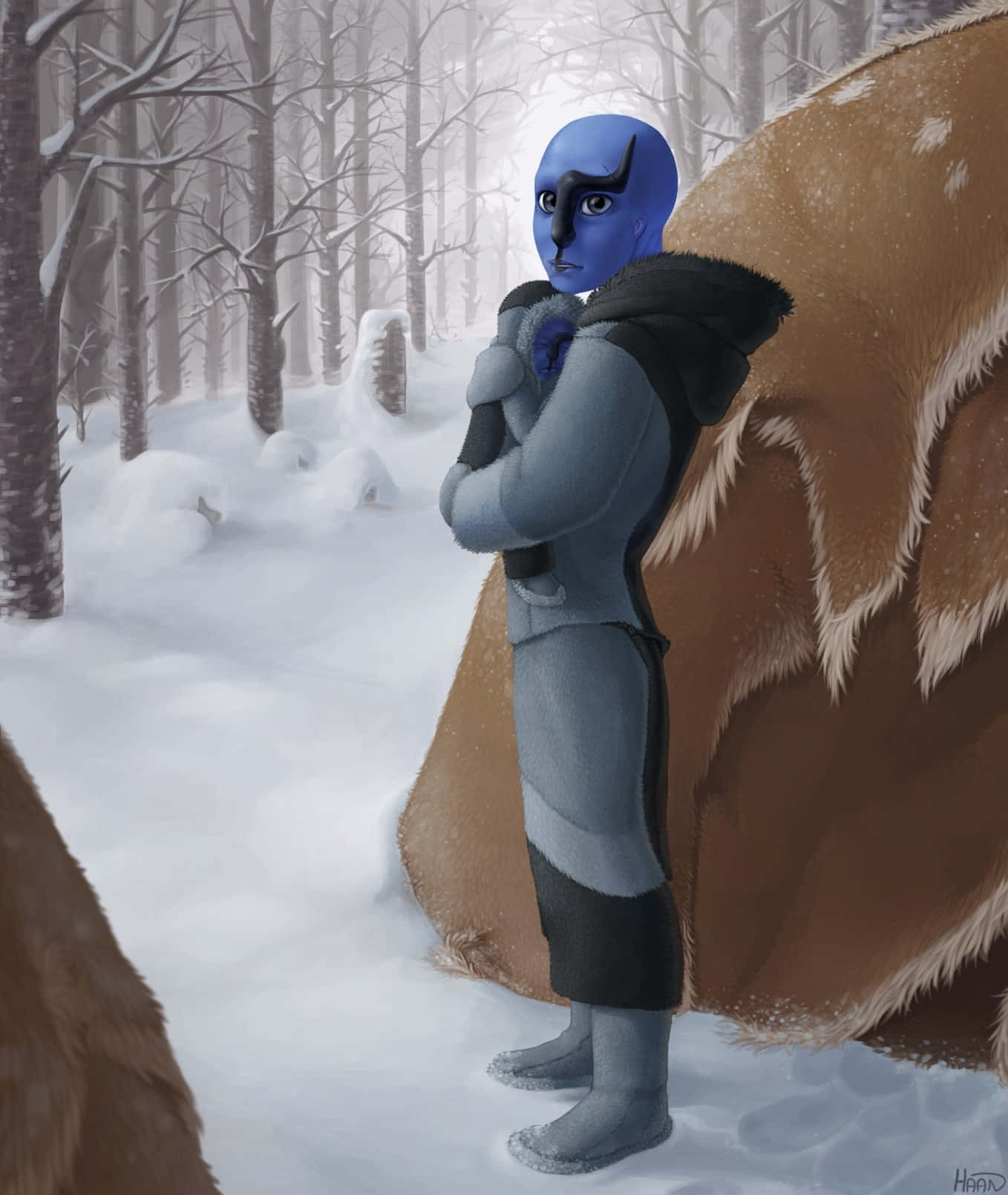 傷心的沙克 壁紙 — 一個藍皮膚、有角的人形生物站在雪地森林中，雙臂交叉，旁邊有一隻大型毛茸茸的生物。