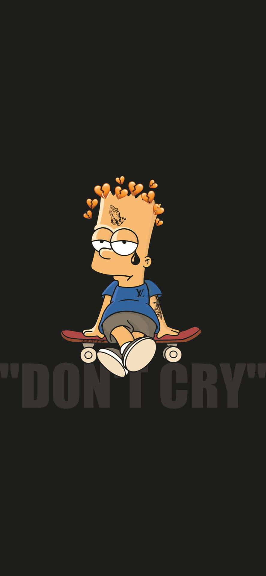 巴特·辛普森在滑板上，頭髮上有心形飄浮，文字為don't cry。
