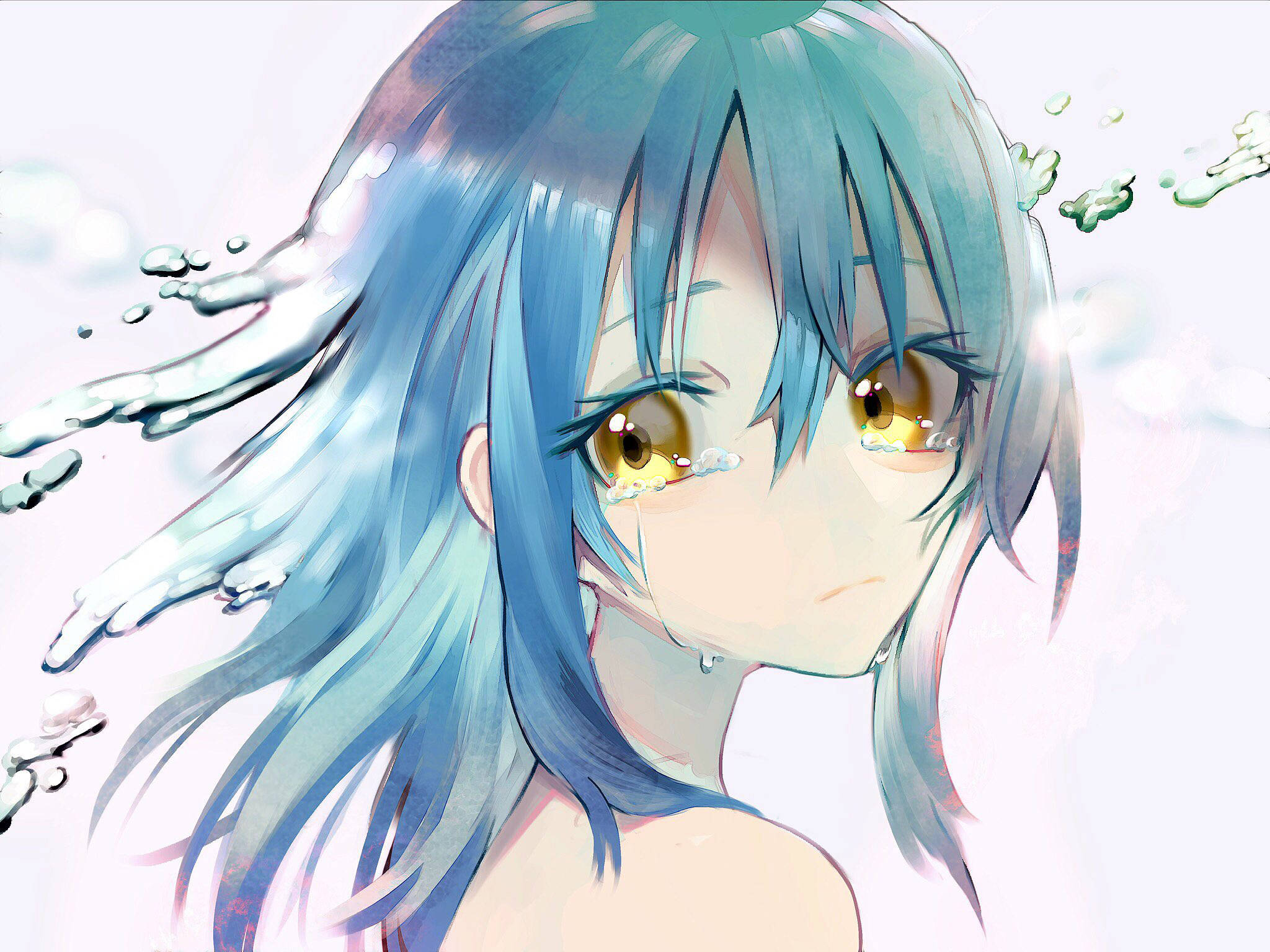 傷心雷姆魯·泰姆斯特 壁紙 — 一位藍髮金眼的動漫女孩流下眼淚，水滴在她周圍飛濺，營造出柔和夢幻的場景。