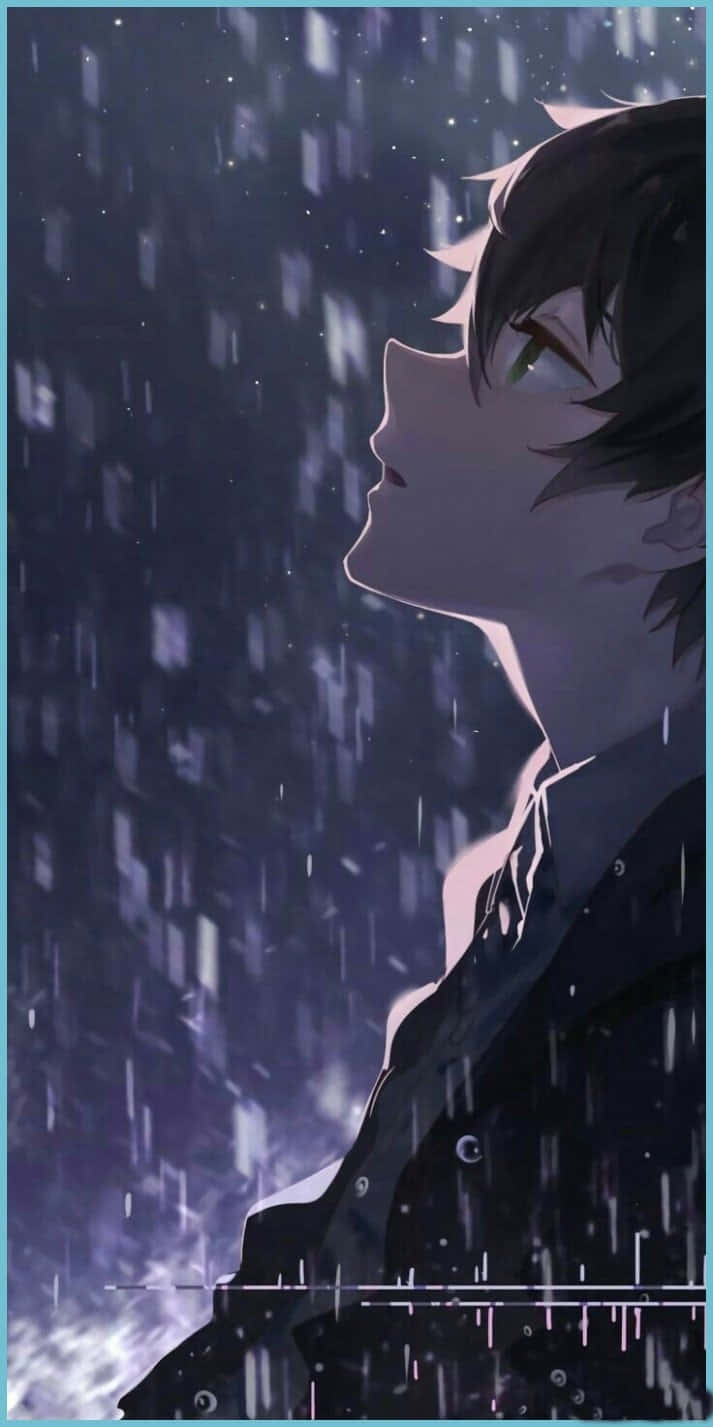 傷感動漫男孩 Houtarou Oreki《冰菓》 壁紙 — 動畫男孩在星空下的雨中向上凝視，眼睛發光，光線柔和。
