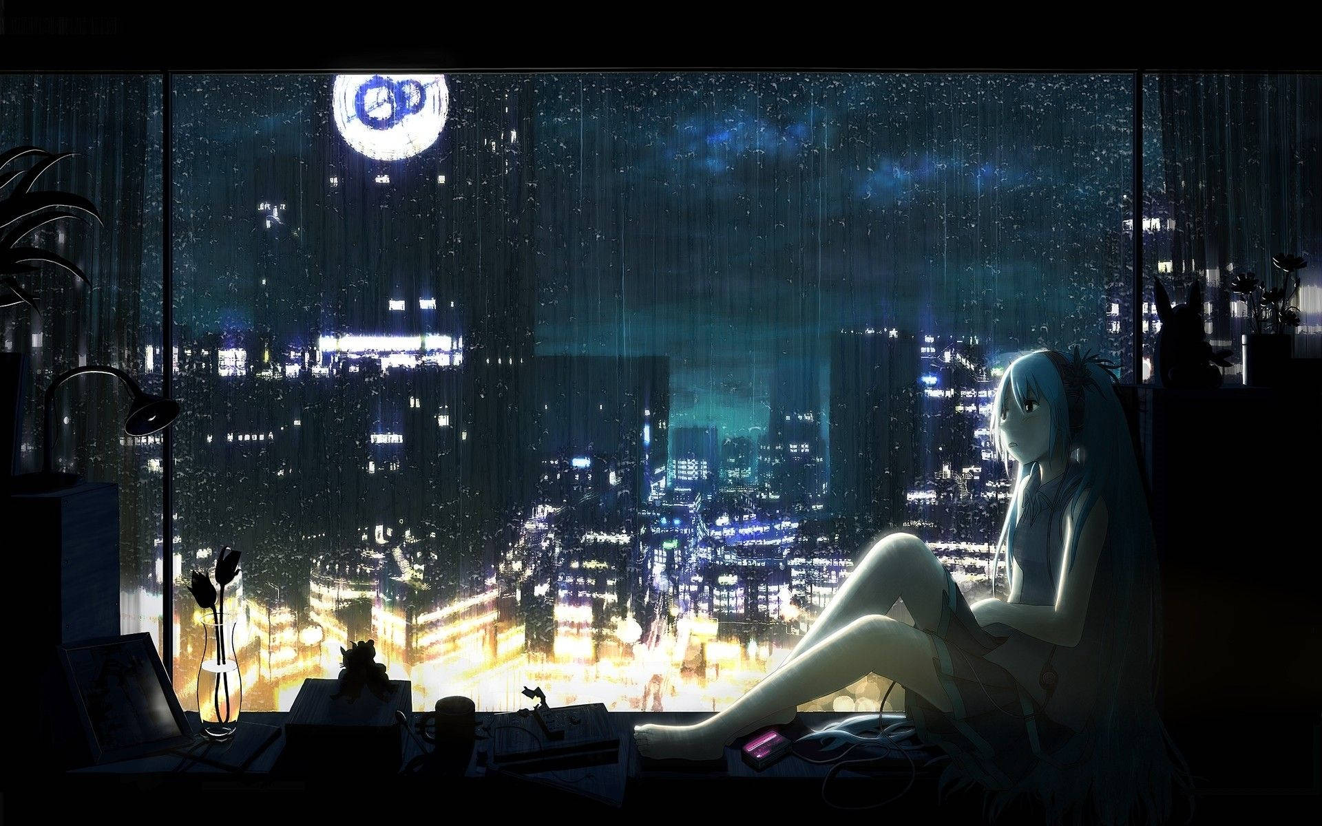 動漫女孩坐在窗邊觀看夜晚下雨的城市，伴隨著發光的月亮。