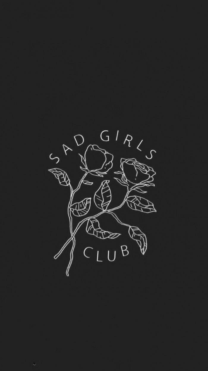 白色線條繪畫的玫瑰和文字 Sad Girls Club 在黑色背景上。