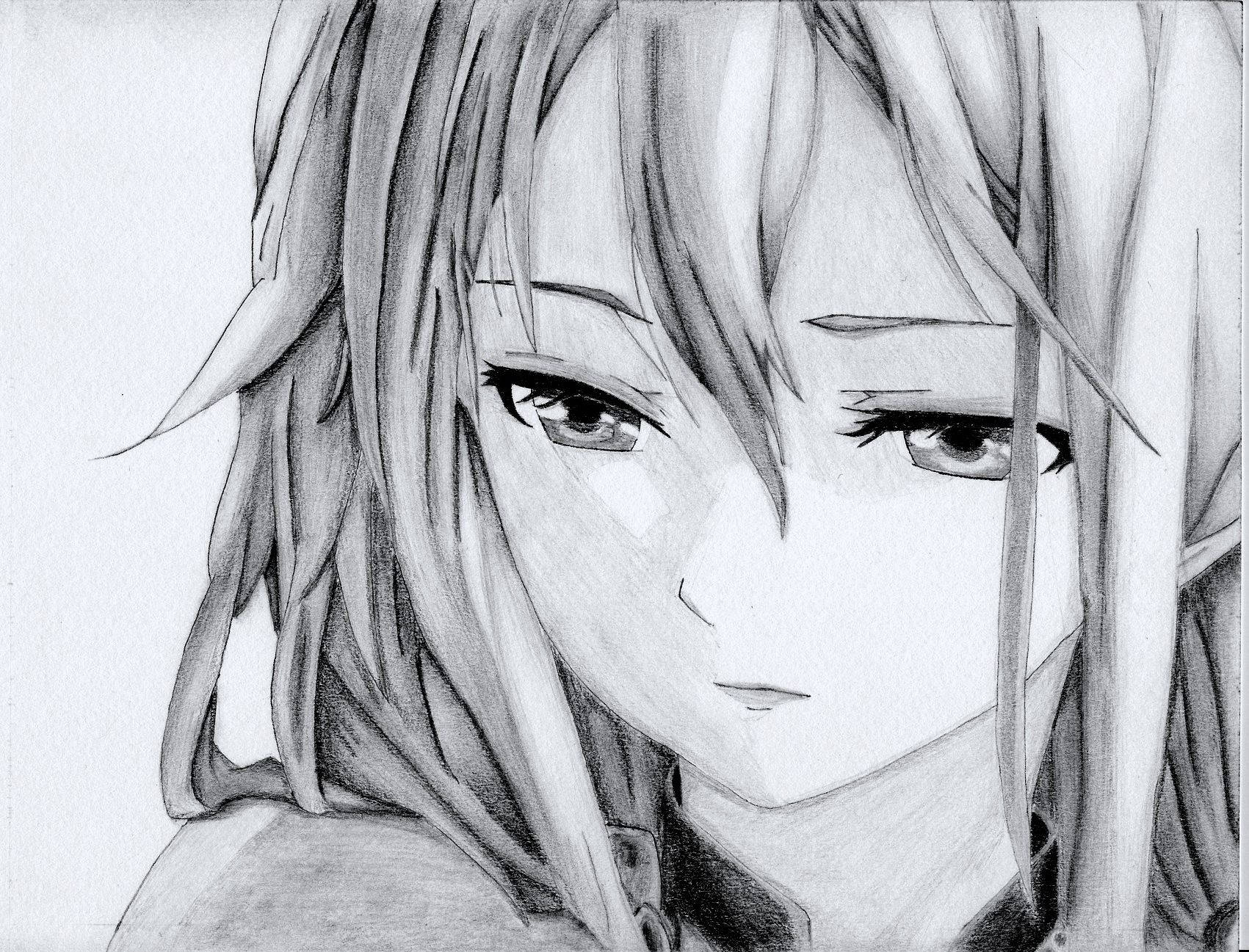 近距離鉛筆素描，描繪一位表情豐富、長髮飄逸的動漫女孩。