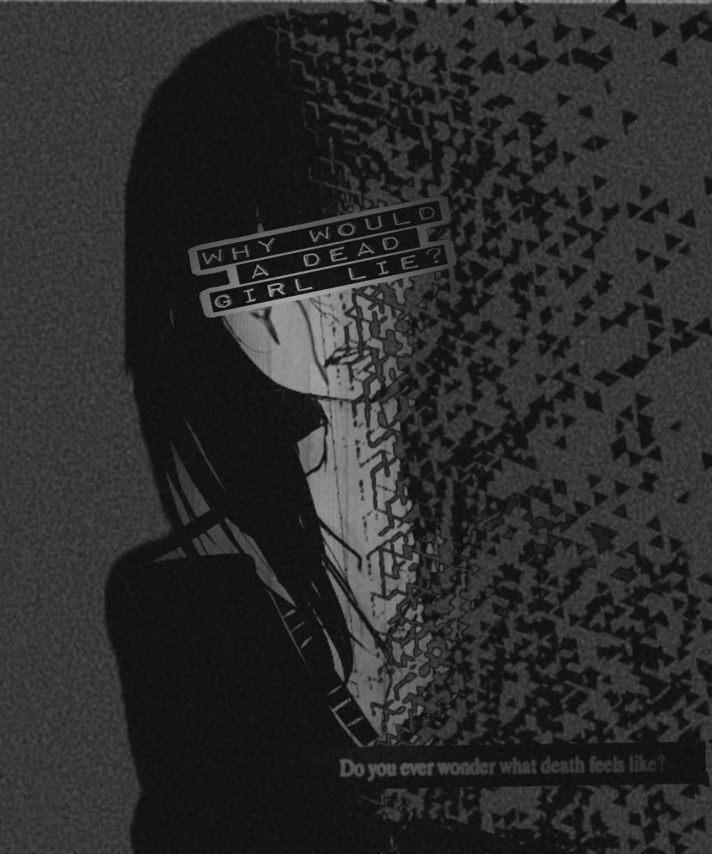 傷感少女逐漸消散 壁紙 — 一個單色動漫女孩，臉上浮現出碎片化的三角形圖案，並有文字疊加提出關於死亡的存在的問題。