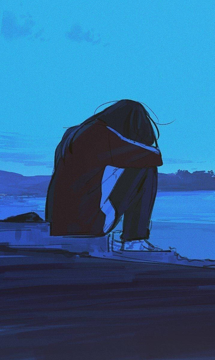 傷感少女階梯哭泣 壁紙 — 一個孤獨的身影蜷縮在水邊，頭頂是廣闊的藍色暮色天空，籠罩在憂鬱的孤獨之中。
