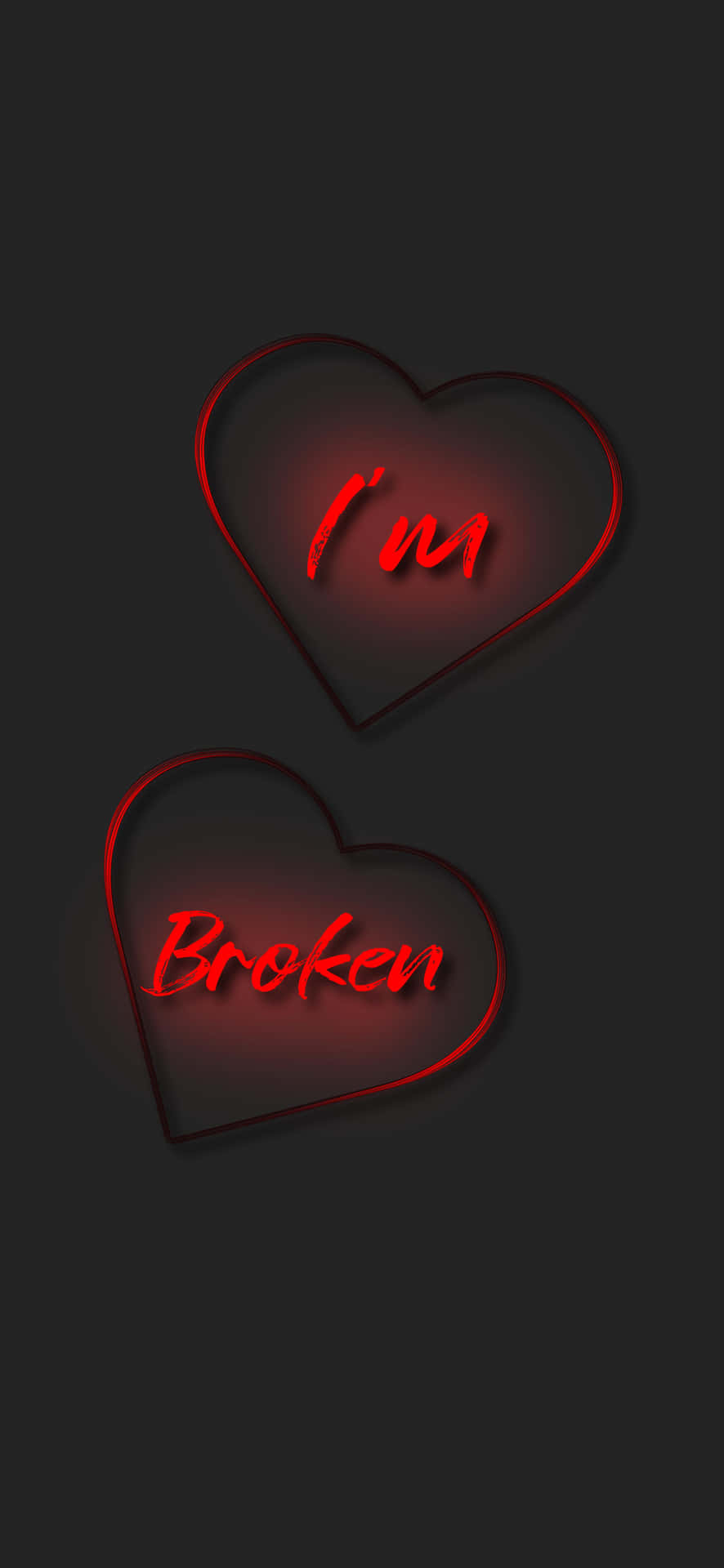 兩個紅色霓虹心形，上面有文字 I'm Broken，背景為黑色。