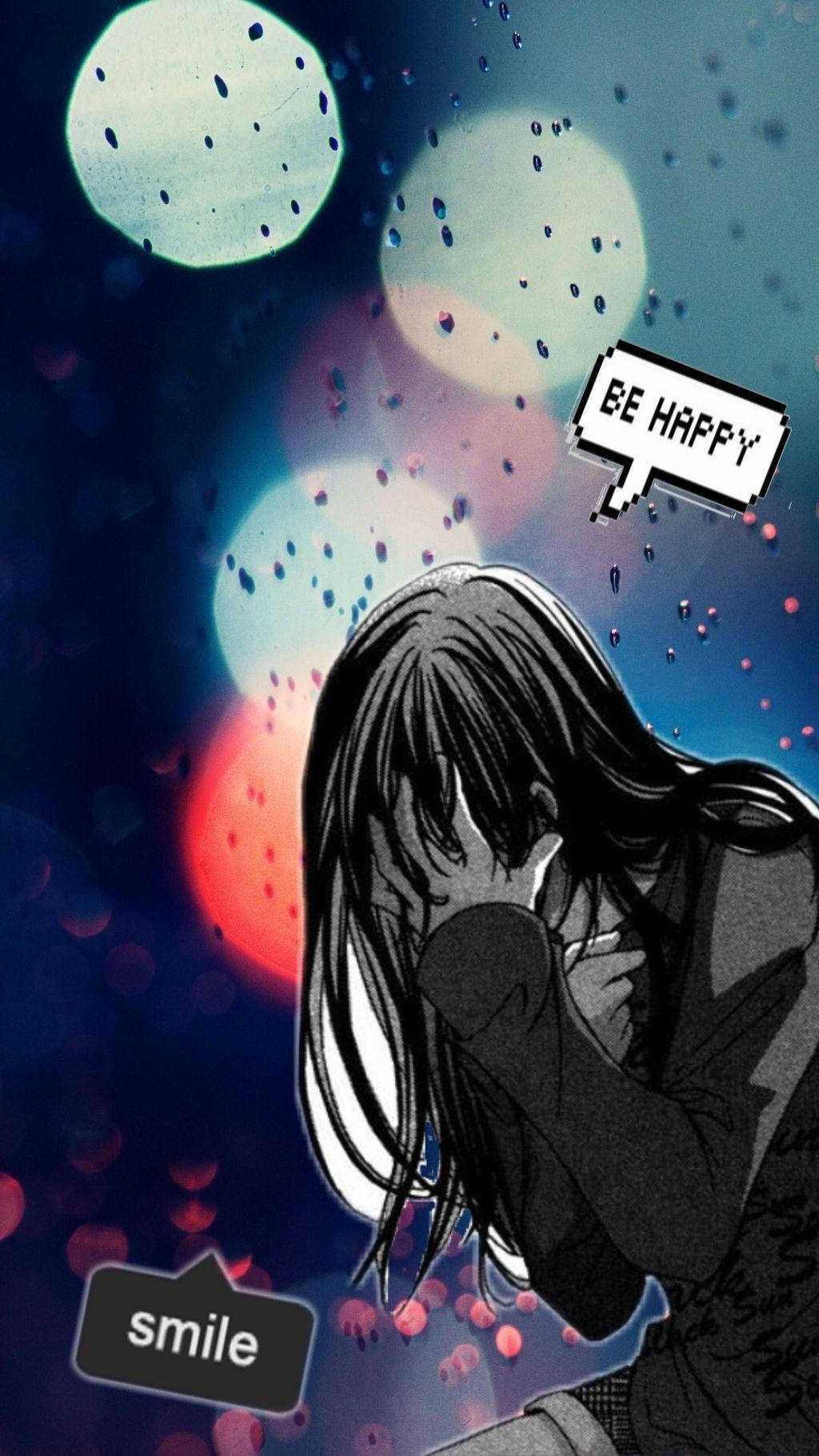 一個悲傷的動漫女孩在雨中隱藏臉龐，背景是發光的城市燈光，帶有「be happy」和「smile」對話框。