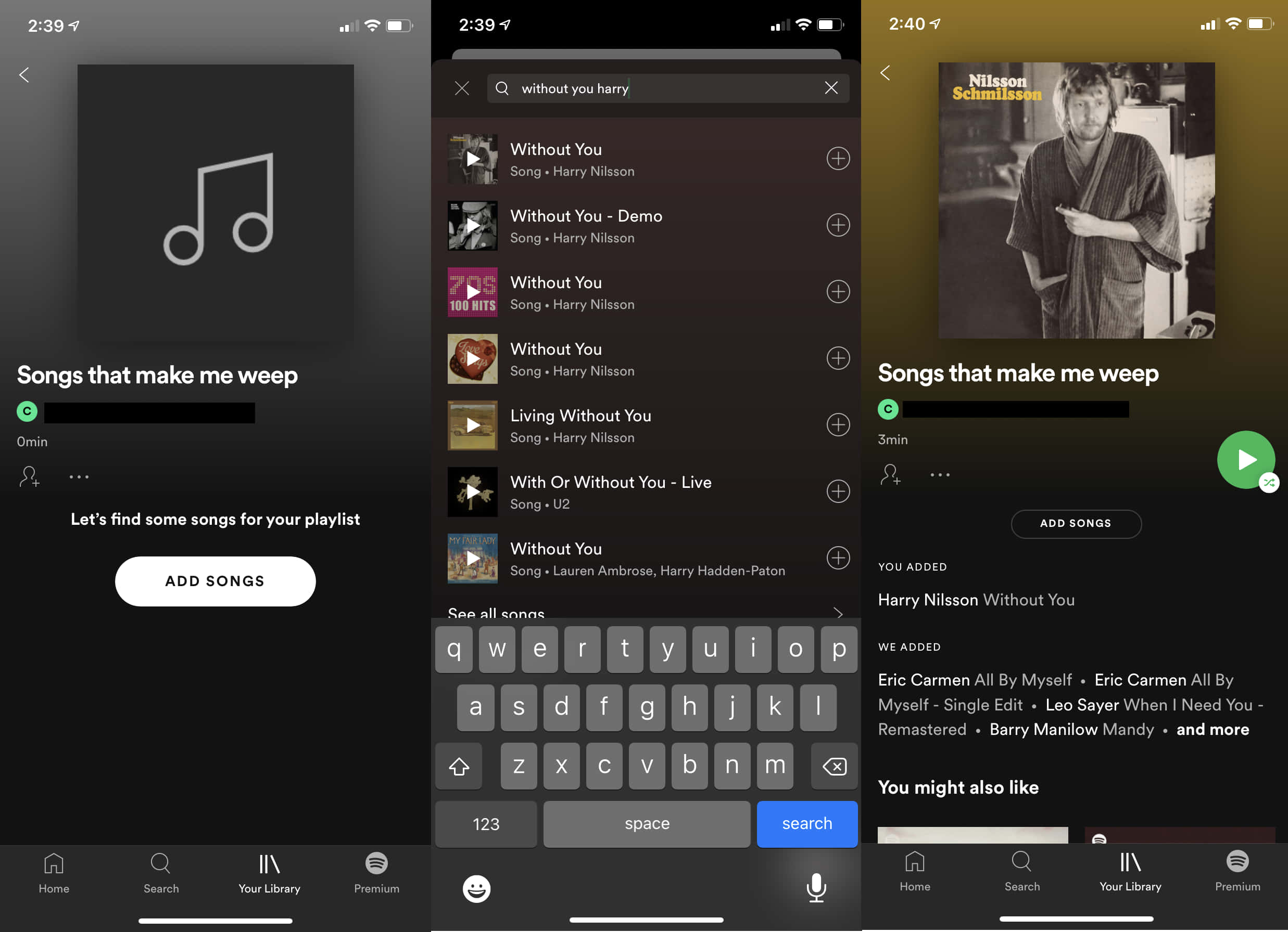 傷感歌曲播放清單圖片 壁紙 — Spotify 應用程式的分割畫面檢視，顯示建立播放清單，並包含「without harry」的搜尋結果及藝人 Harry Nilsson。