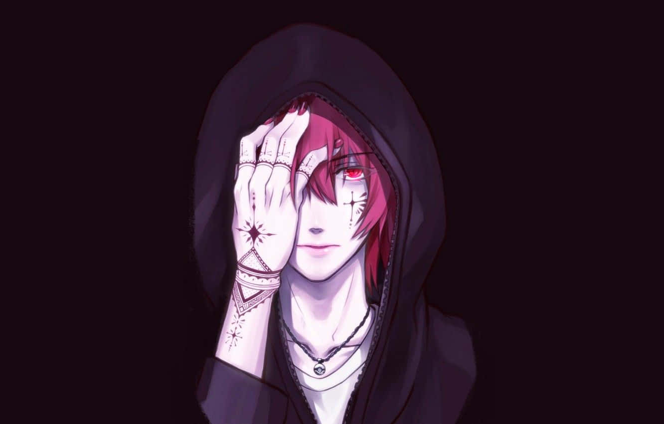 傷感的憂鬱動漫男孩 壁紙 — 一個神秘的動漫角色，紅髮紅眼，發光的紅眼睛，用一隻佈滿複雜紋身的手遮住半張臉，背景是黑暗的。