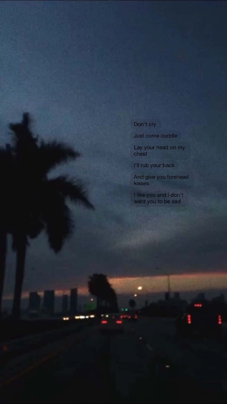 傷感美學Tumblr城市街景 壁紙 — 一條充滿情調的黃昏高速公路場景，棕櫚樹在昏暗的天空中形成剪影，並疊加了浪漫的歌詞。