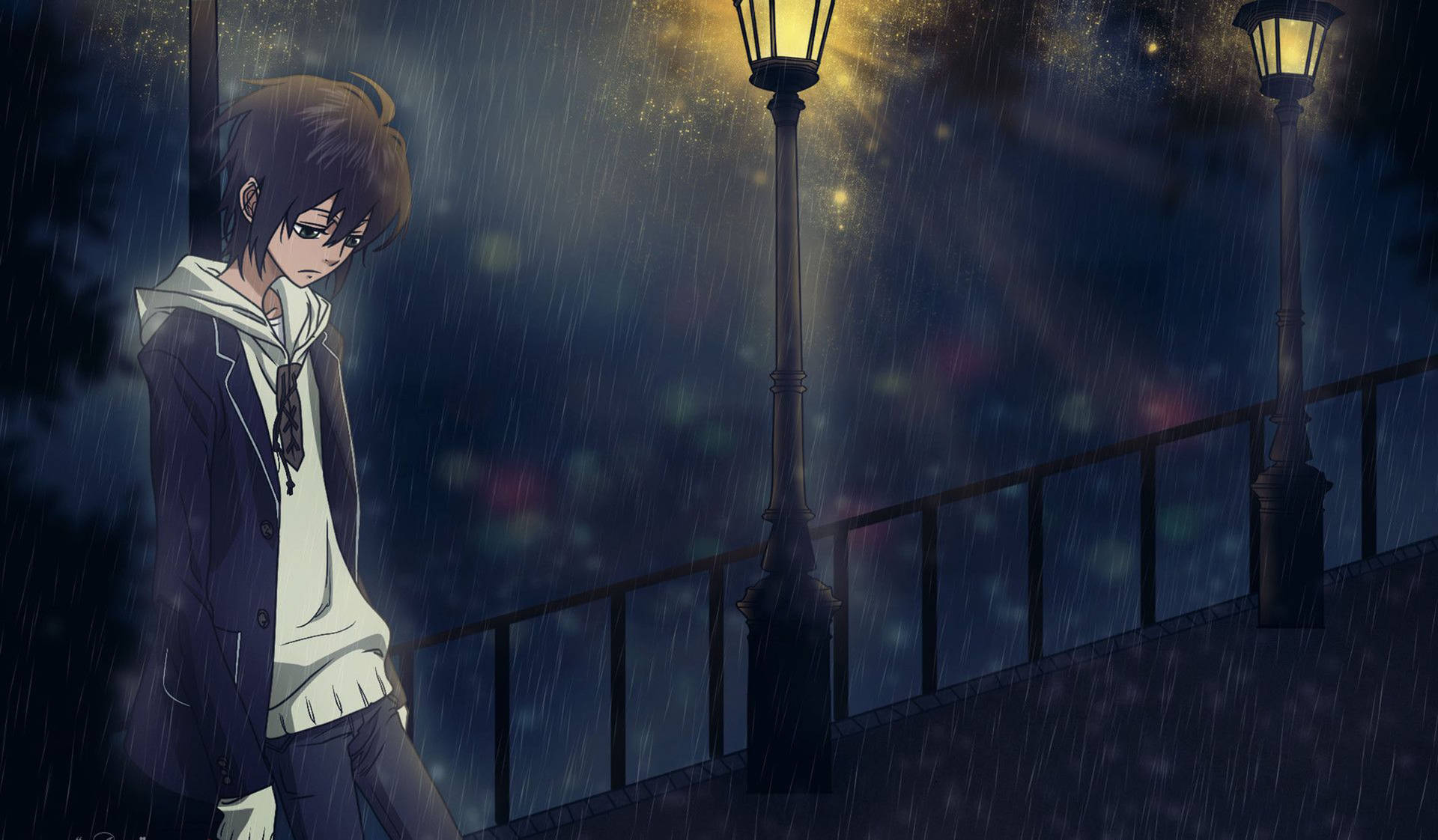 動畫男孩獨自站在夜晚的雨橋上，在發光的路燈下。