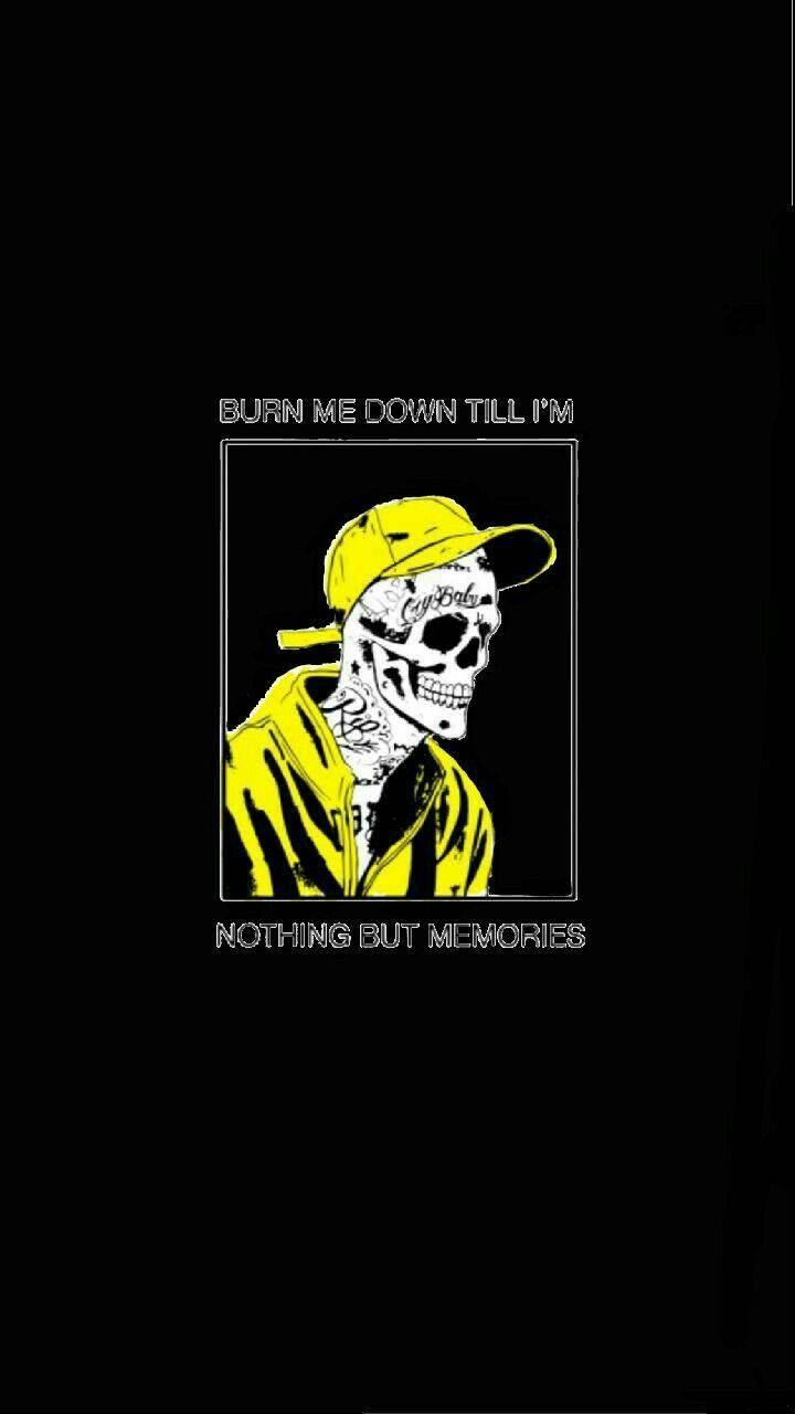 戴著黃色帽子和外套的骷髏頭，帶有紋身文字和短語 burn me down till im nothing but memories