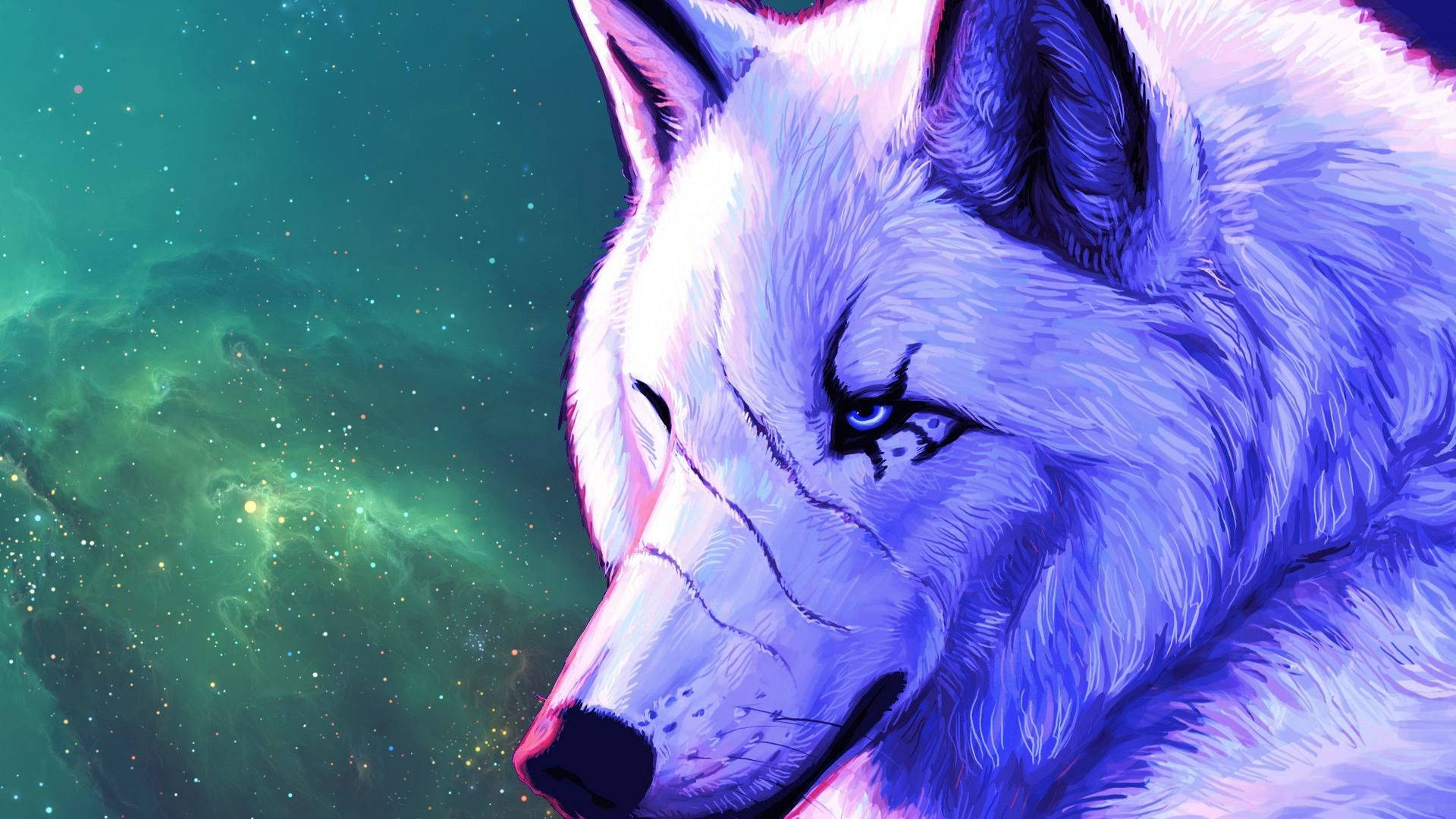 一頭白狼，藍色眼睛，凝視著發光的綠色星雲。 — 銀河狼 壁紙