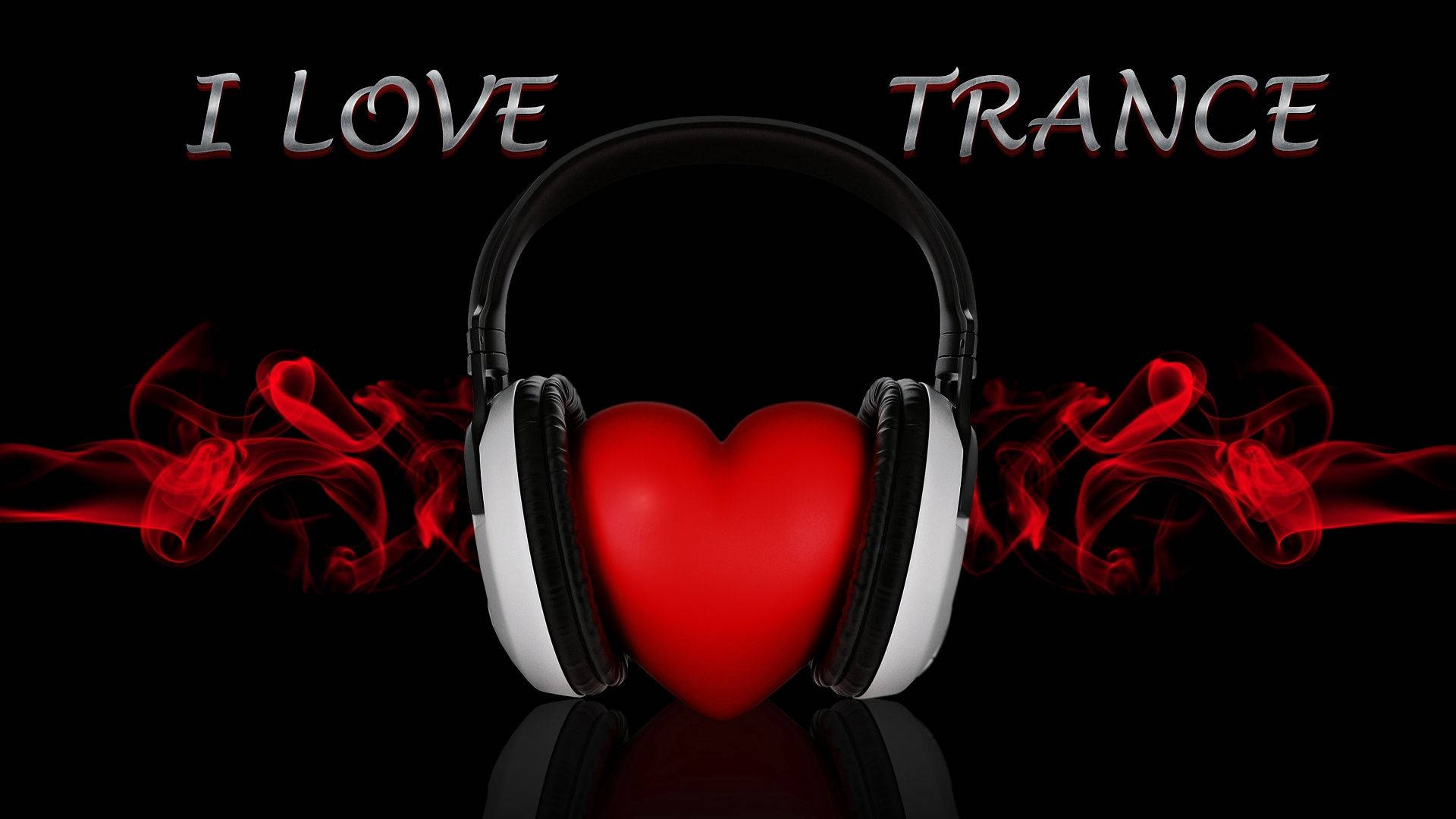 紅心戴耳機，有紅煙和文字 I LOVE TRANCE，黑色背景。