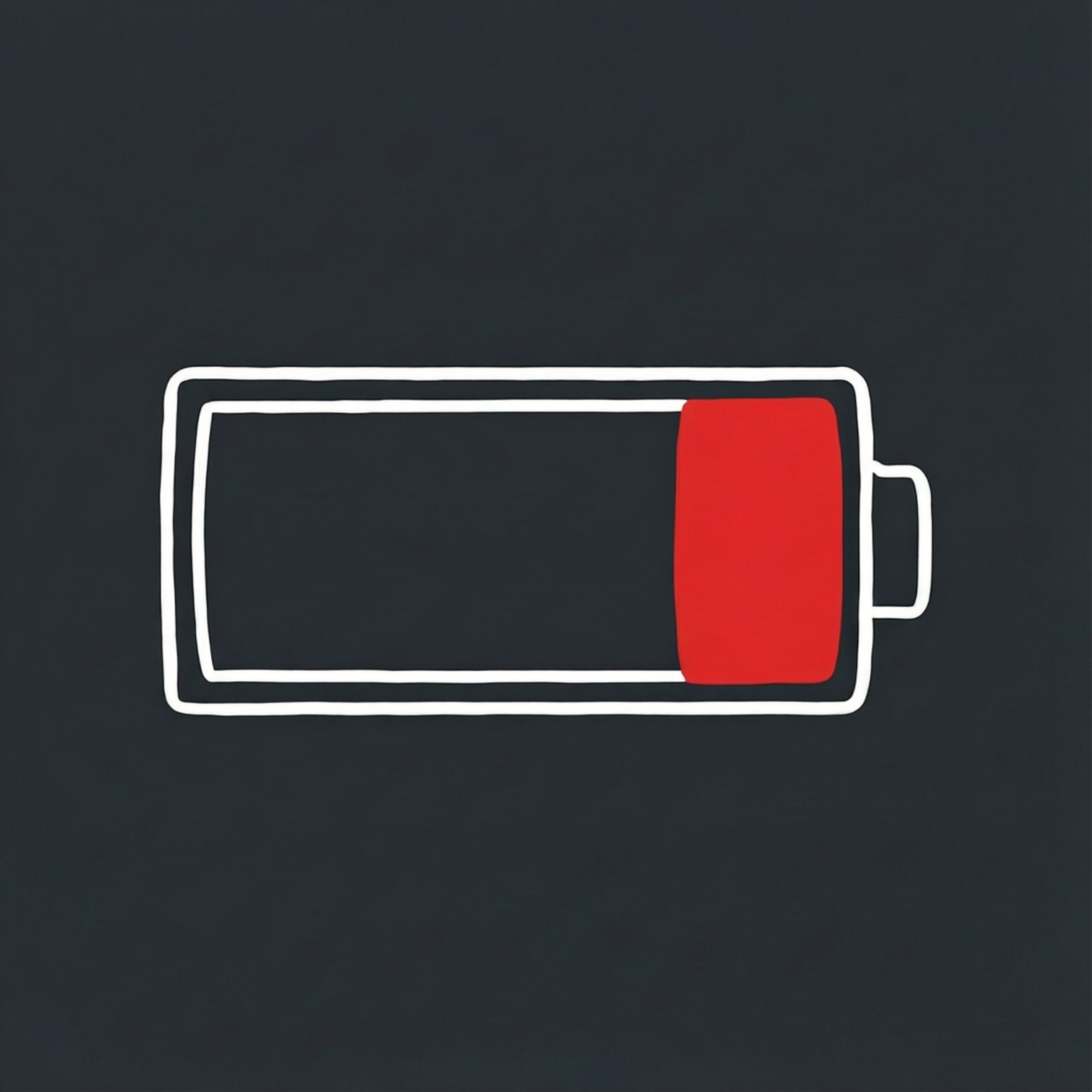 僅剩一格電量 壁紙 — 一個極簡的電池圖標，在深灰色背景上有紅色充電條。