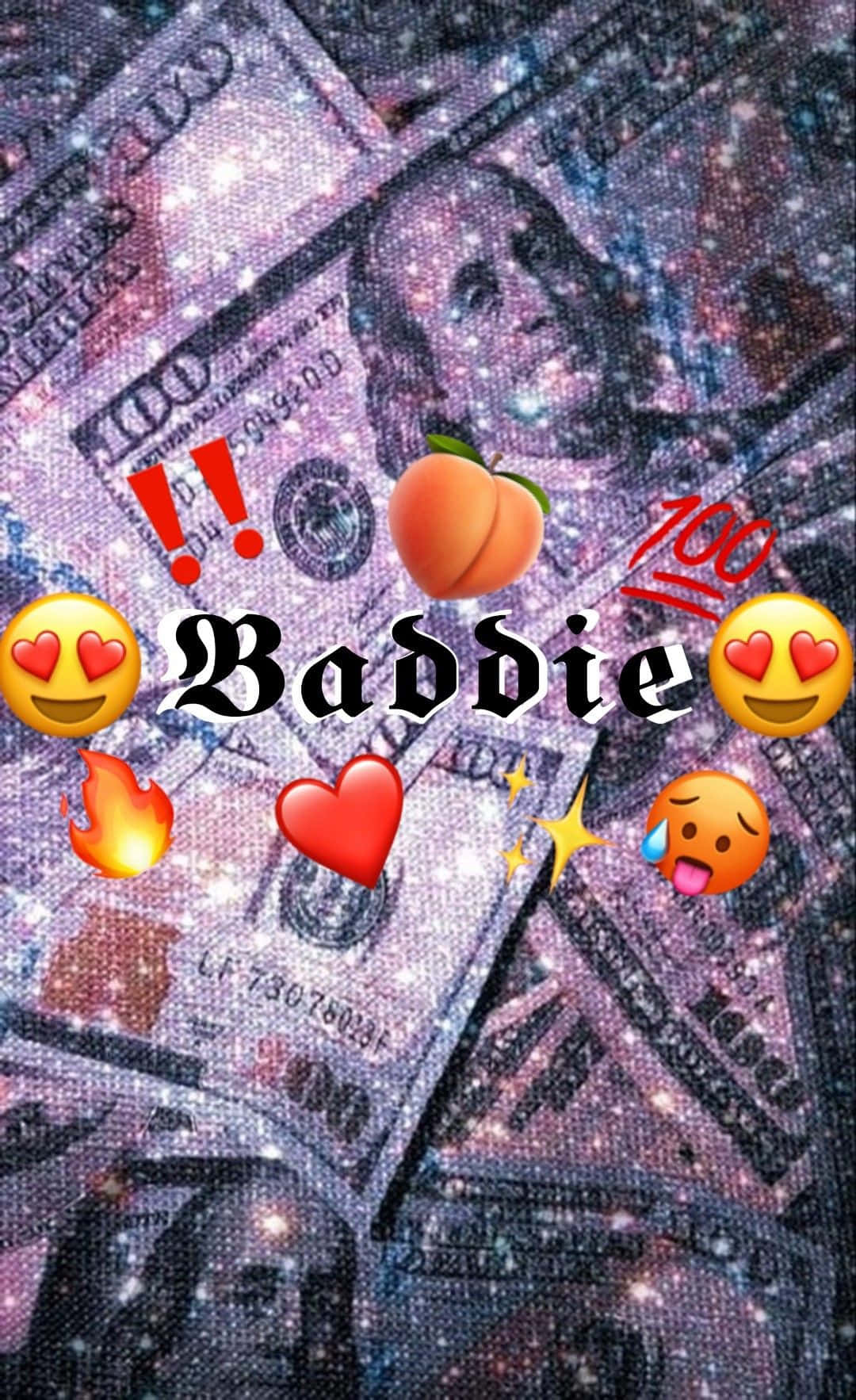 閃閃發光的金錢背景，帶有「Baddie」文字和表情符號。