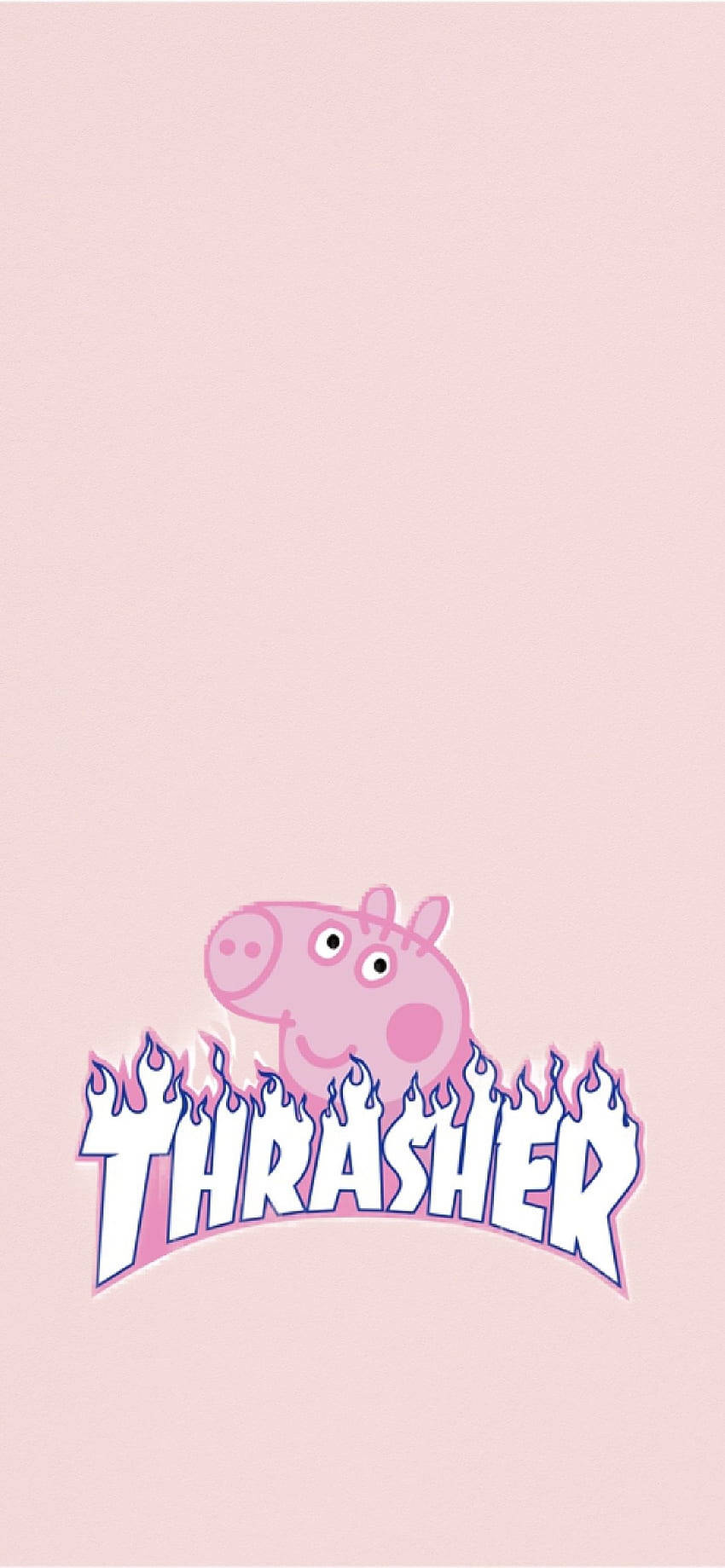 Peppa Pig 與燃燒的Thrasher標誌在粉紅色背景上。