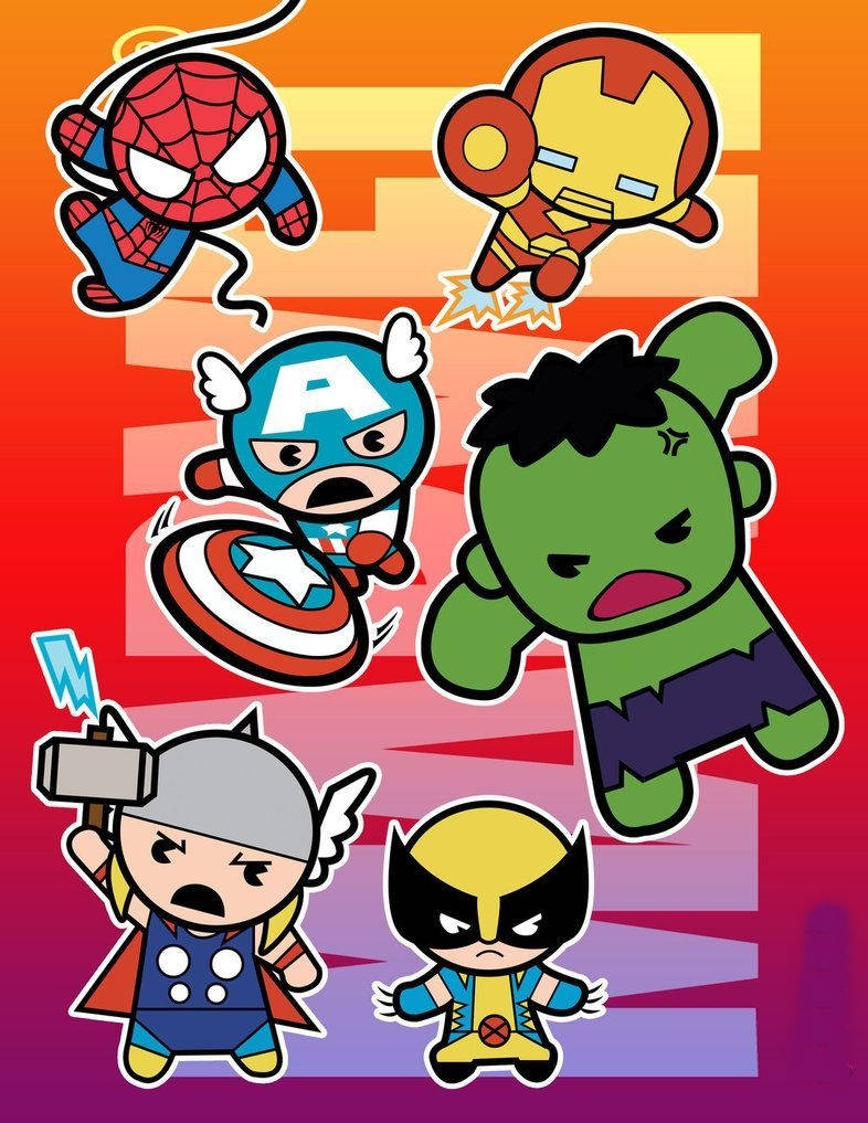 Chibi Marvel超級英雄喺色彩繽紛嘅漸變背景上擺出動作甫士。