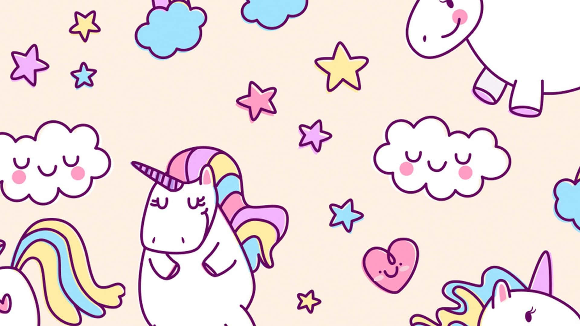 粉彩背景，帶有可愛的卡通獨角獸、微笑的雲朵、星星和心形。