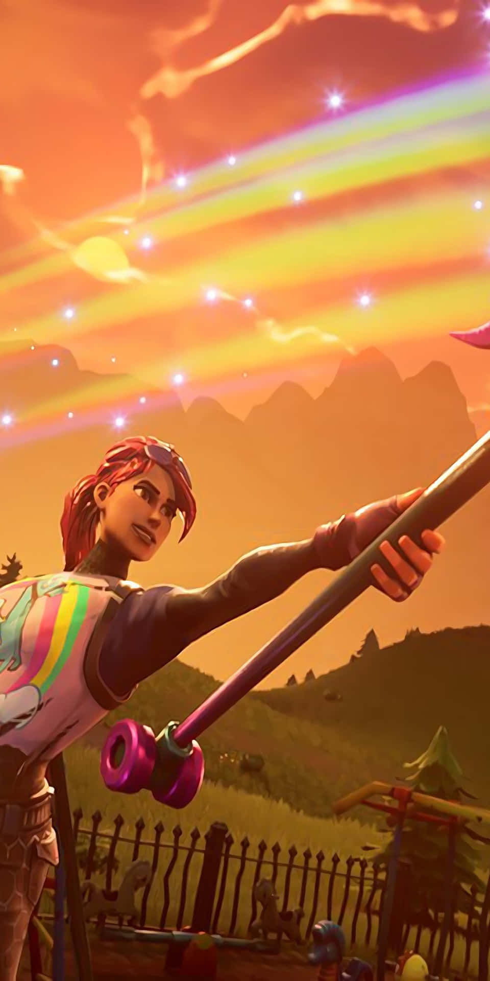 Fortnite角色在熾熱的日落和星星中手持彩虹法杖。