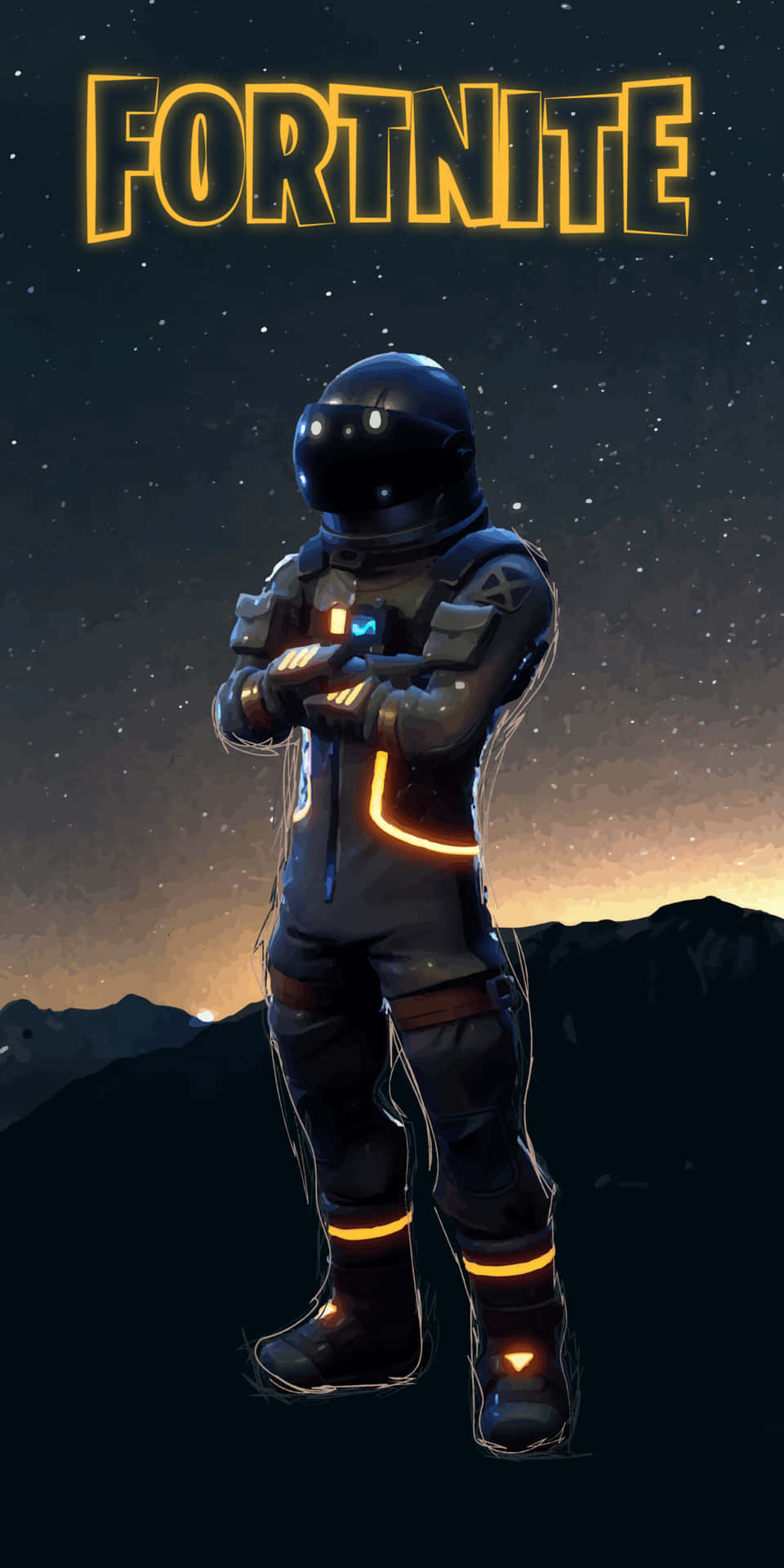 穿著發光套裝的 Fortnite 太空人夜間站在山上，伴隨著星星