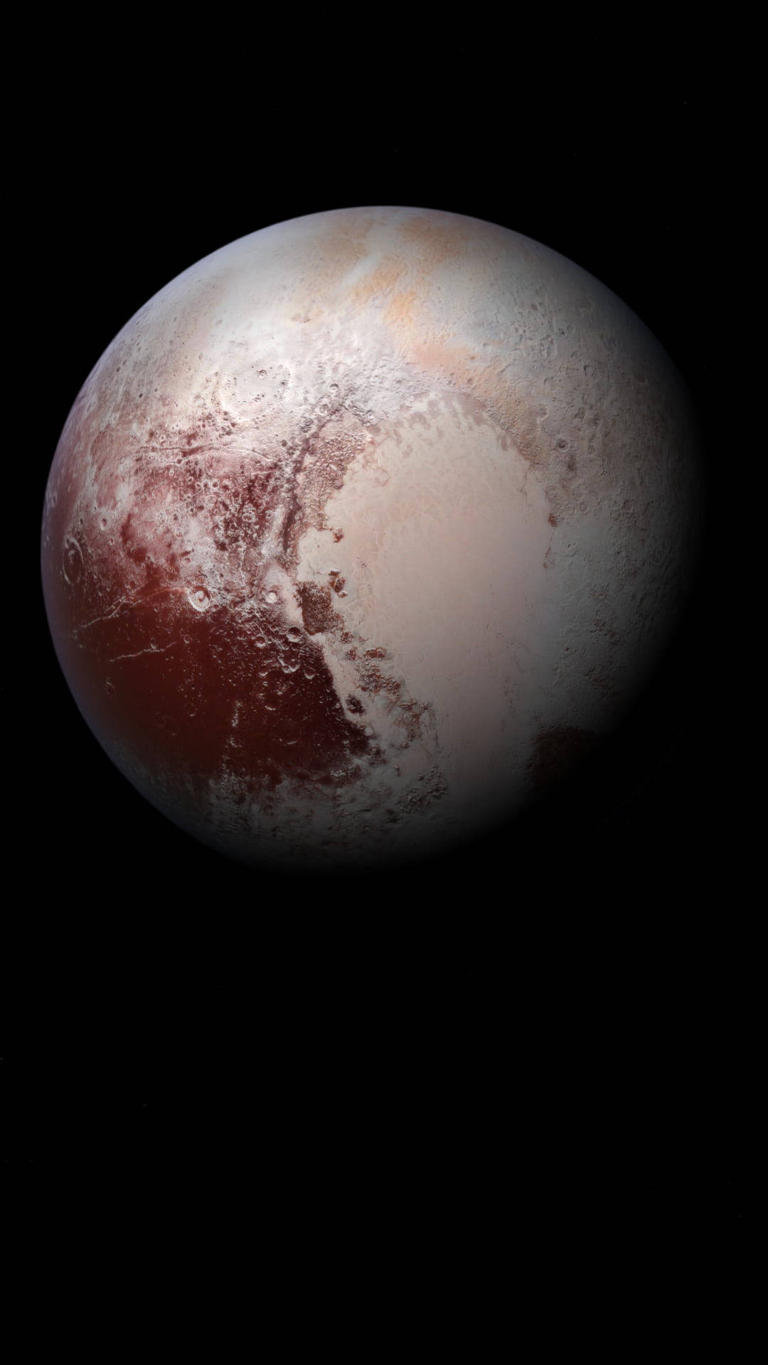 冥王星在太空中的冰封表面及紅白色地形。