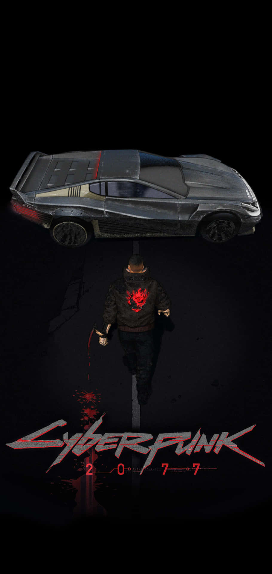 一個穿著紅色火焰外套的人，在Cyberpunk 2077標誌下走向一輛懸浮的汽車。