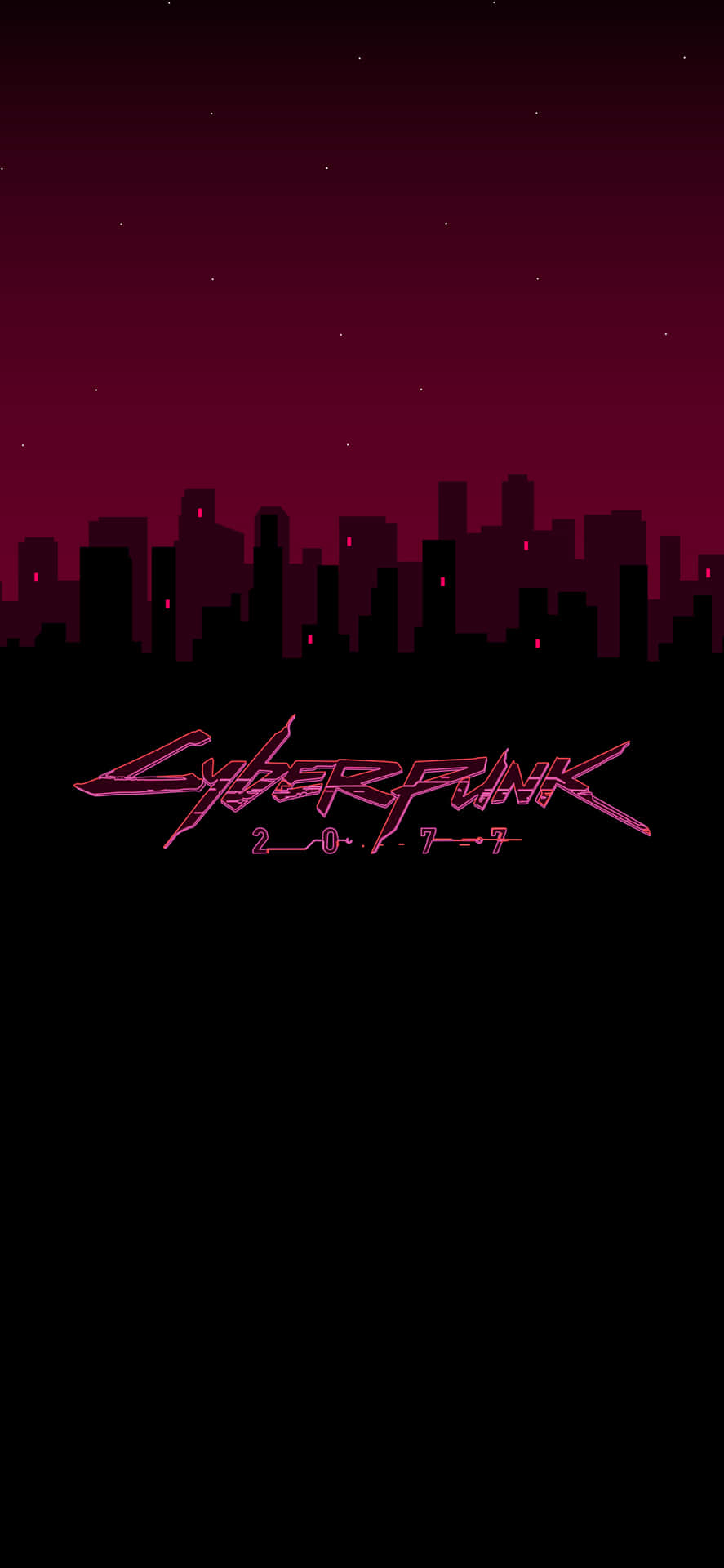 Cyberpunk 2077 螢光粉紅色標誌，位於黑暗城市天際線剪影之上。