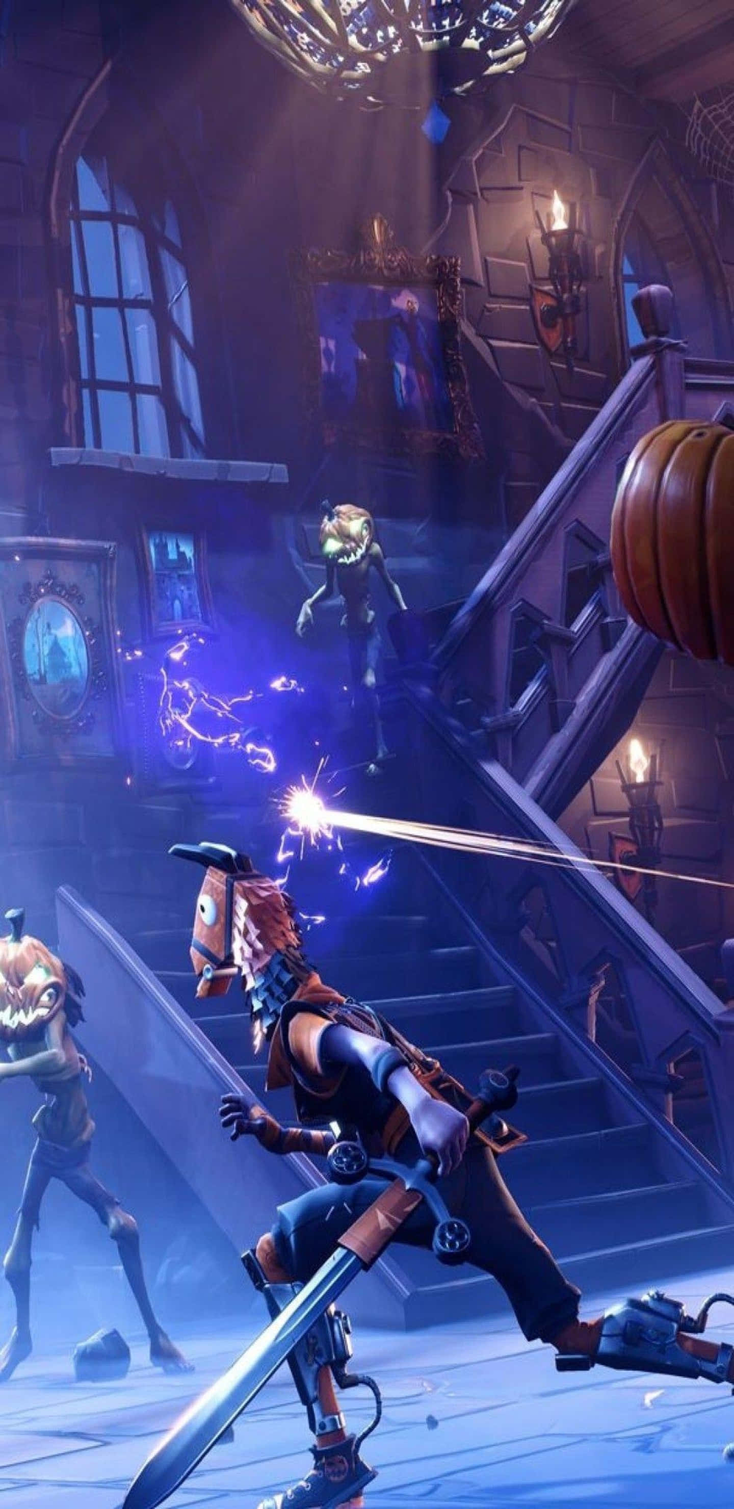 像素 3XL《Fortnite 競技場》萬聖節活動背景 壁紙 — 一名戰士在哥德式大宅中用劍和魔法火花對抗發光的骷髏敵人。