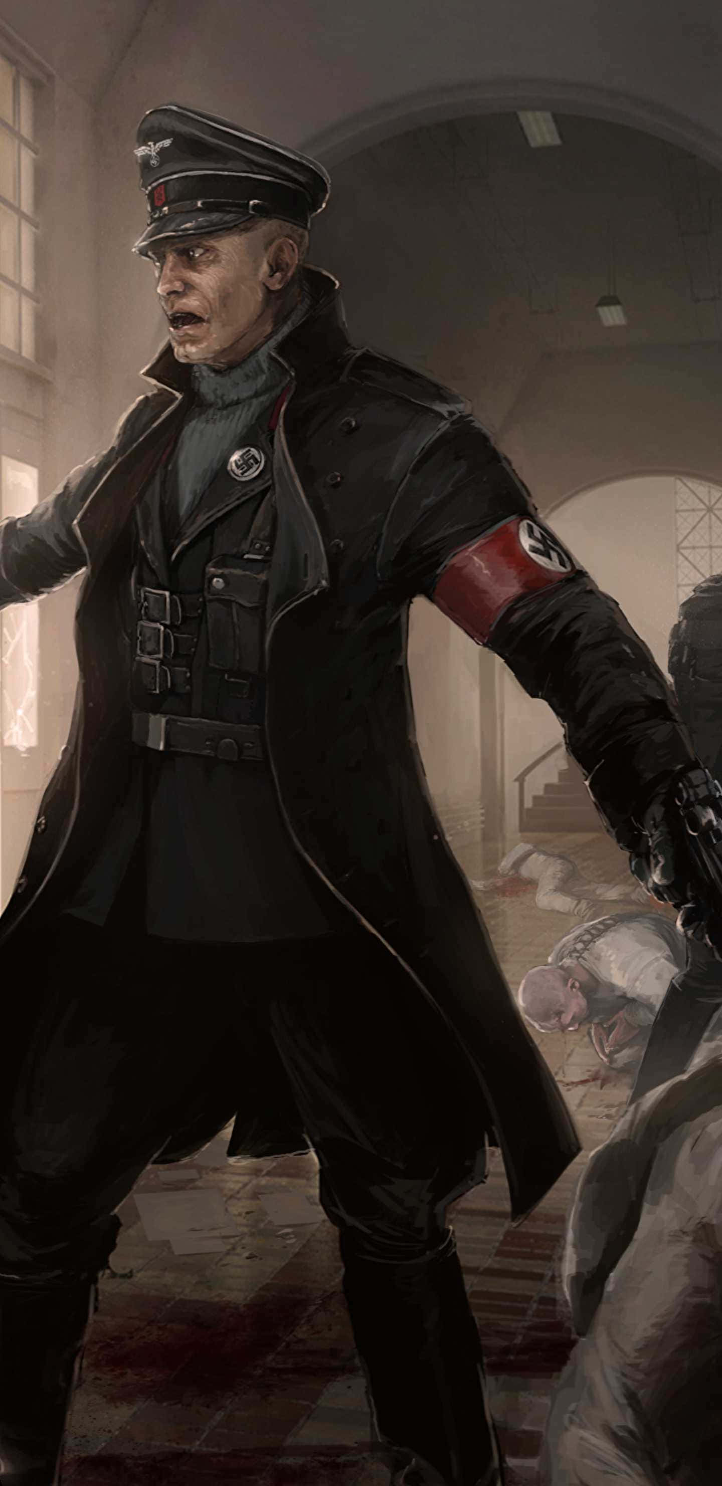 像素 3XL《Wolfenstein II》背景：SS 軍士喊話 壁紙 — 一名嚴肅的納粹軍官身穿制服，陰森地站在昏暗的走廊中，腳下躺著倒下的屍體。