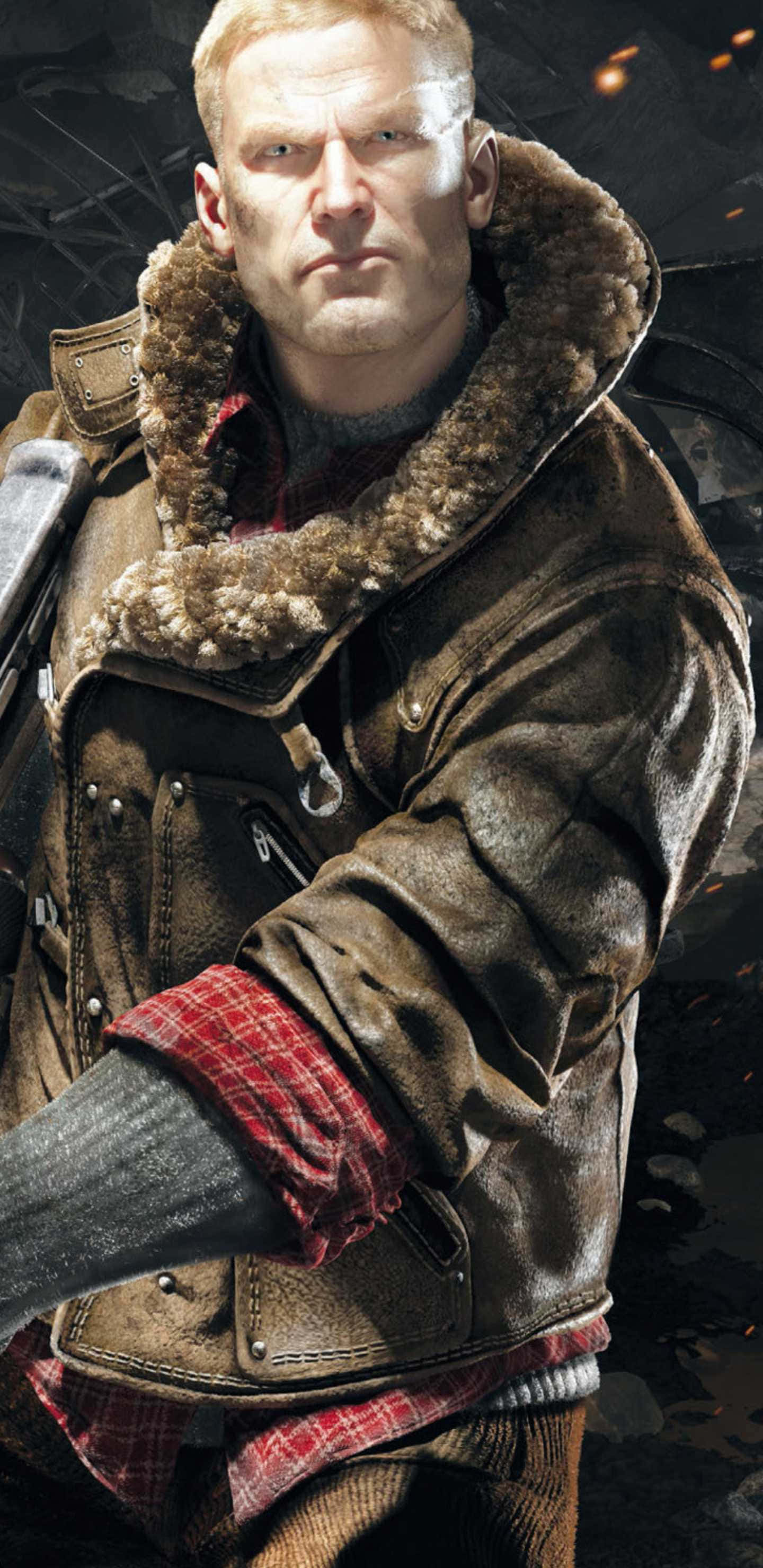 像素 3XL《Wolfenstein II》背景：B.J. 穿著毛皮夾克 壁紙 — 一個強壯的男人穿著毛領皮夾克，在黑暗熾熱的背景中凝視著。