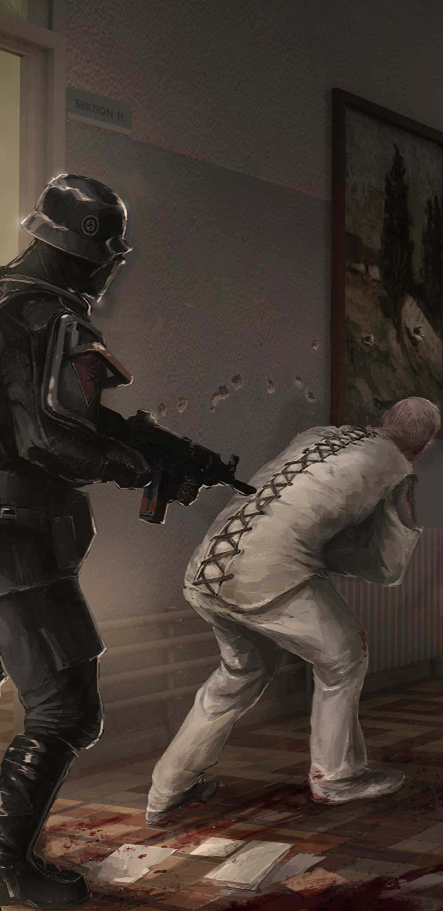 像素 3XL《Wolfenstein II》背景：士兵帶領傷患 壁紙 — 一名身穿黑色盔甲的士兵用步槍瞄準一名穿著蕾絲白色西裝蹲在血跡斑斑走廊上的男子。