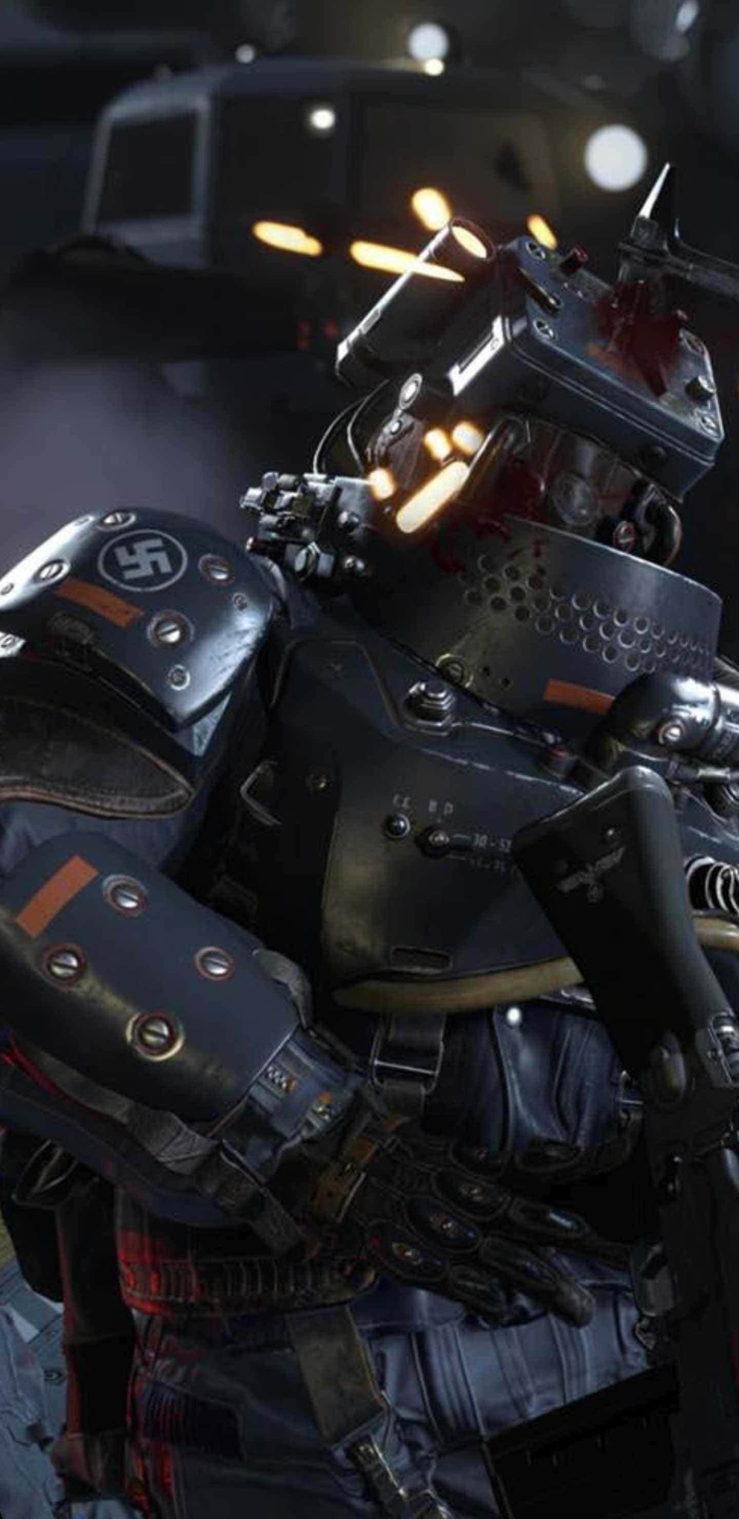 像素 3XL《Wolfenstein II》背景：頭頂斧頭的敵兵 壁紙 — 一名身穿重型裝甲、眼睛發光並帶有納粹徽章的士兵，站在黑暗煙霧瀰漫的城市戰場上，背景有槍口閃光。