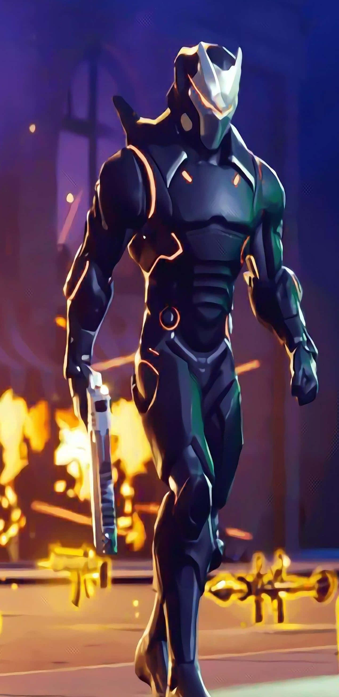 像素 3XL 奧米加皮膚《Fortnite 競技場》背景 壁紙 — 一名未來風格的裝甲戰士，帶有發光的橙色點綴，手持手槍，在火熱的城市背景下向前邁進。