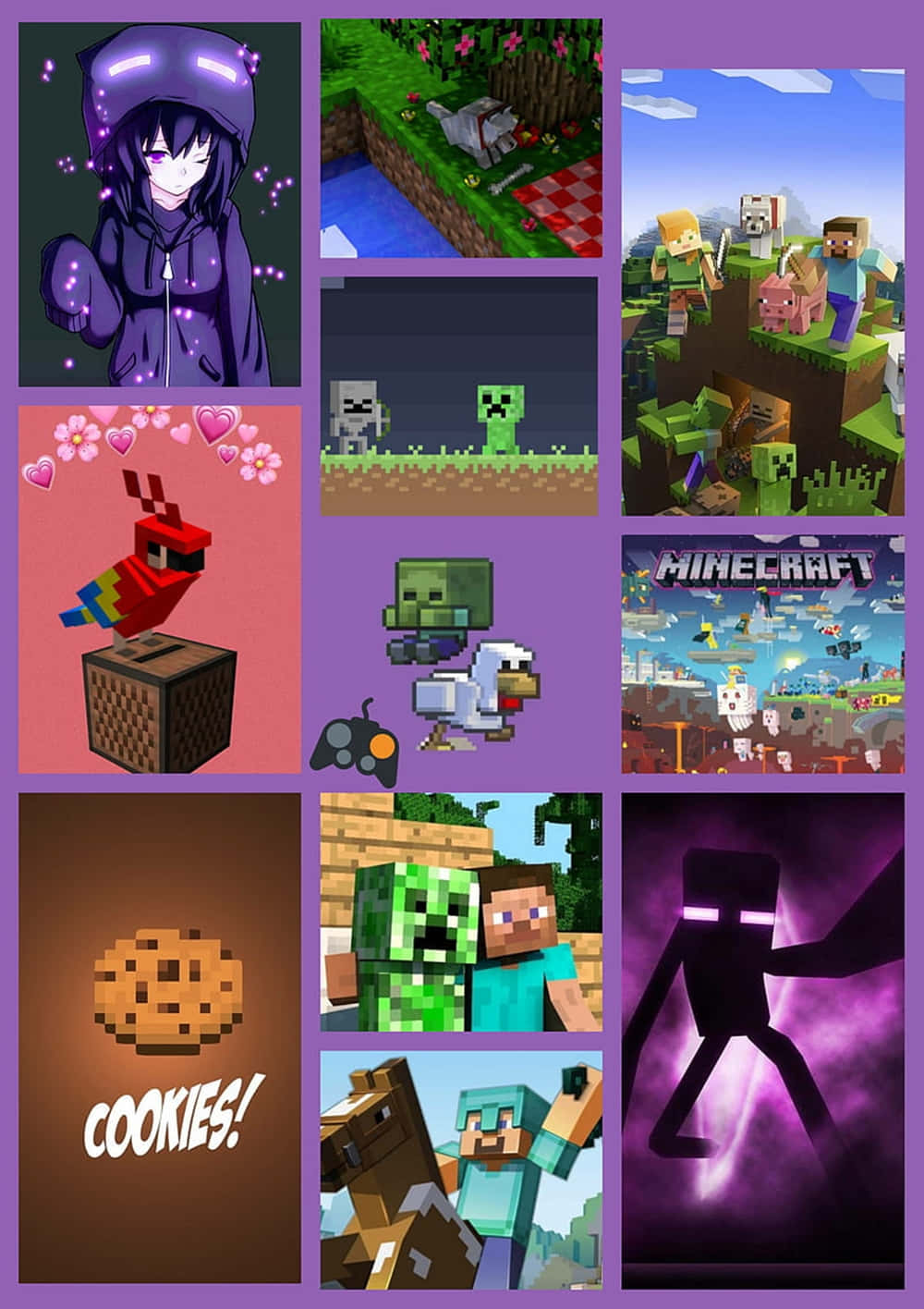 Minecraft遊戲拼貼畫，包含角色、殭屍和餅乾。