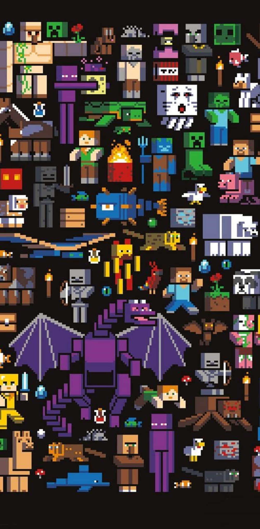 黑色背景上嘅Minecraft像素藝術角色同生物