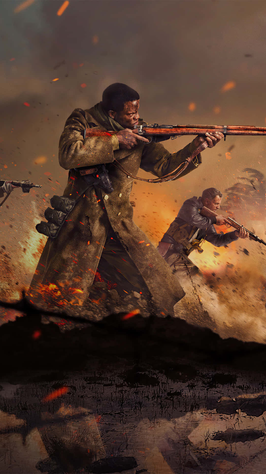 像素 3XL《戰地 1》背景：士兵瞄準步槍 壁紙 — 兩名身穿風衣的士兵在熾熱的爆炸和飛揚的碎片中，在嚴酷的戰場上開火。