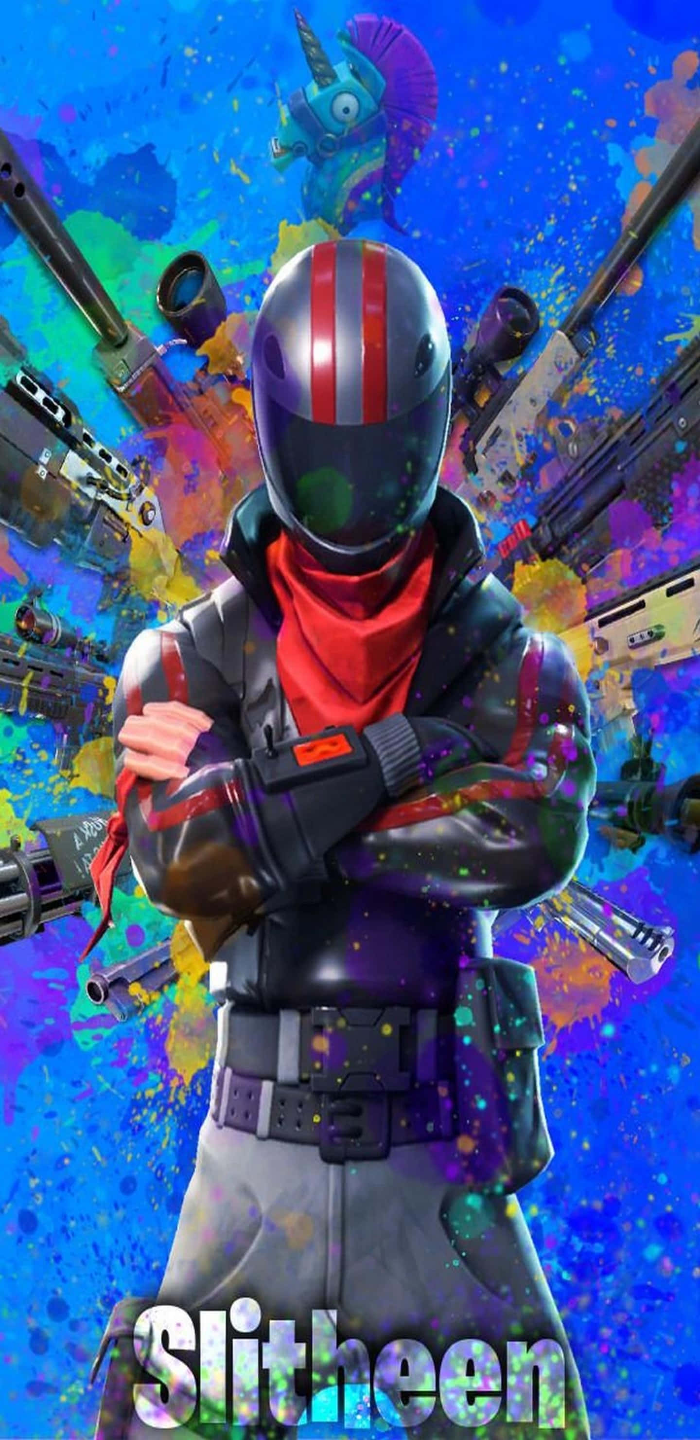 像素 3XL 戴頭盔與頸巾角色《Fortnite 競技場》背景 壁紙 — 一個風格化的裝甲角色，戴著頭盔和紅色圍巾，自信地站在充滿活力的彩色油漆飛濺和漂浮武器的爆炸中。