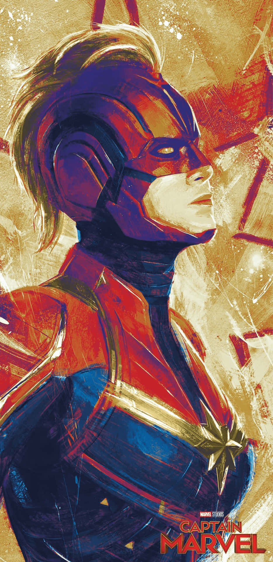 身穿紅、藍、金色戰衣的 Marvel 隊長，以堅定的表情向上仰望。