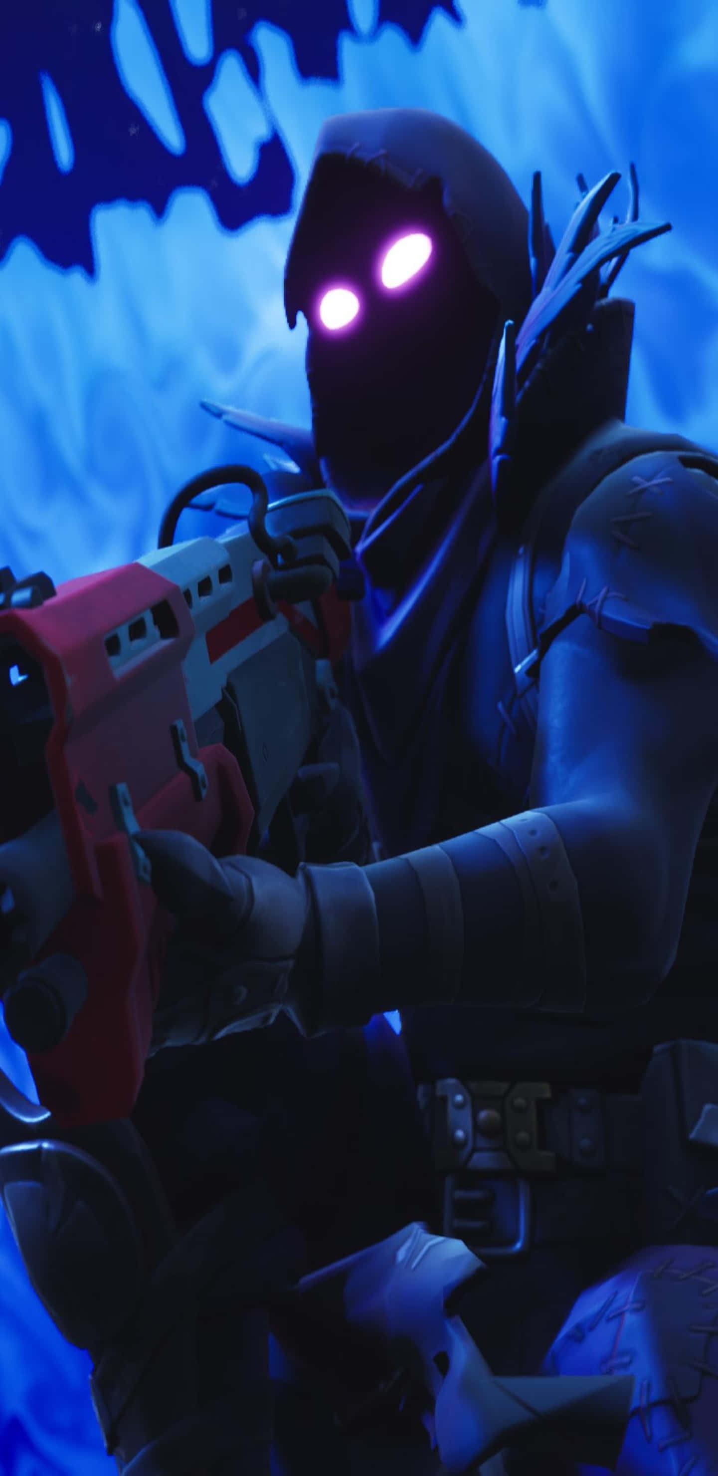 像素 3XL 雷文《Fortnite 競技場》藍色美學背景 壁紙 — 一個戴著兜帽、眼睛發出粉紅色光芒的人物，在旋轉的藍色背景前拿著紅白相間的武器。