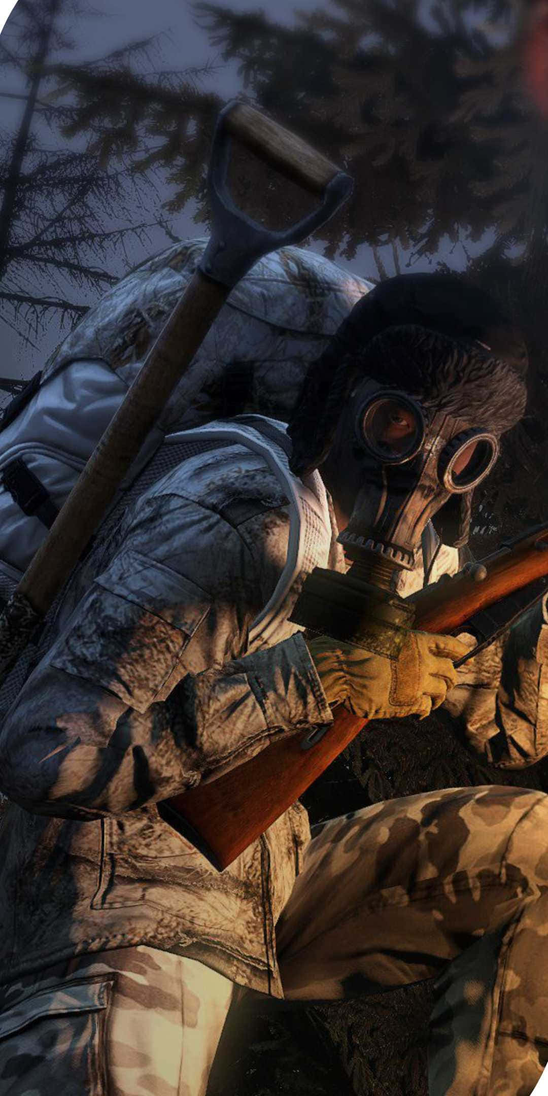 像素3《DayZ Epoch Mod》黑面罩背景 壁紙 — 一名穿著迷彩裝備和防毒面具的士兵蹲在雪地森林中，手持步槍和鏟子。