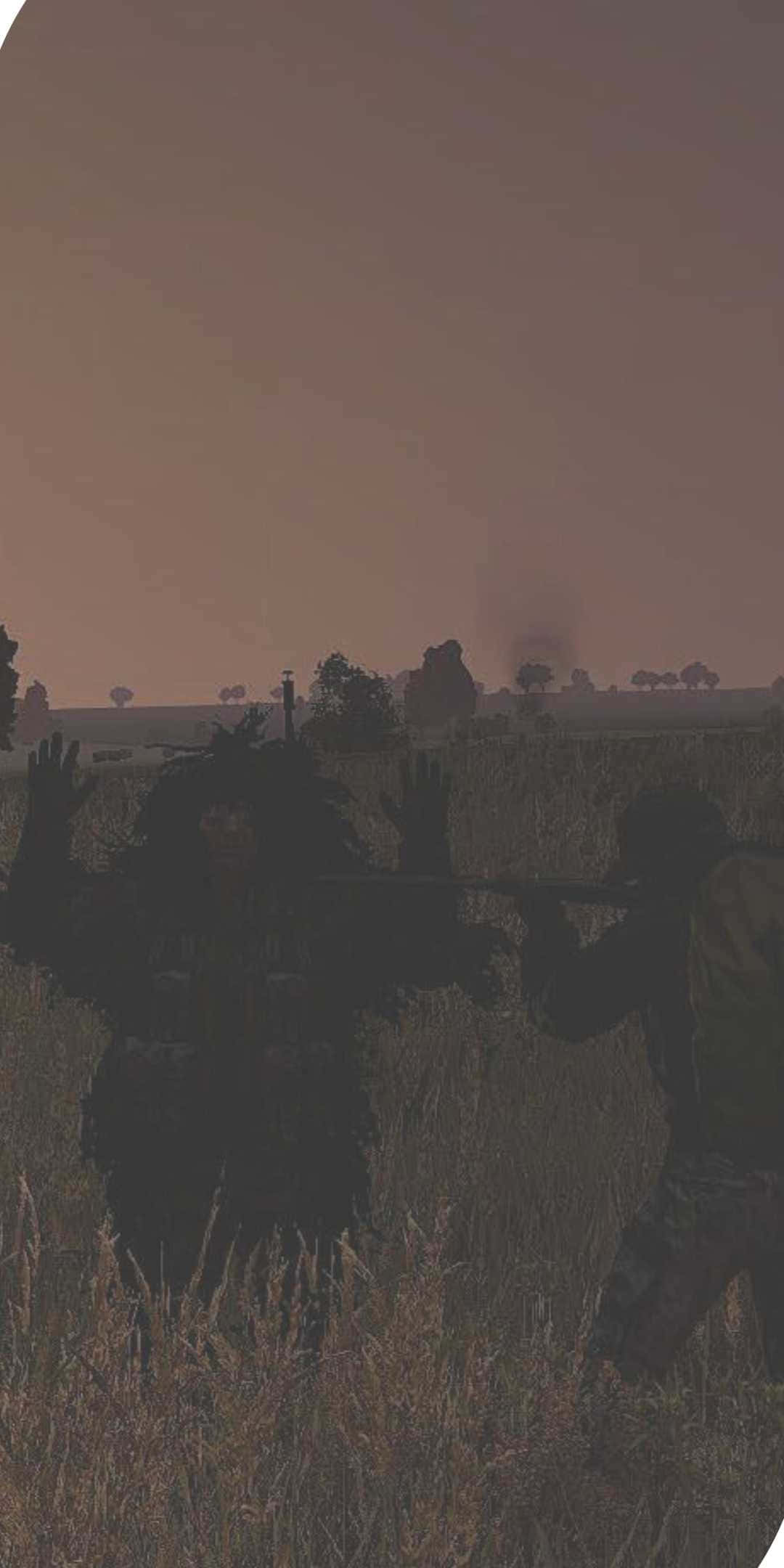 像素3《DayZ Epoch Mod》指向武器背景 壁紙 — 黃昏田野中的兩個剪影人物，一人舉起雙手，另一人瞄準步槍，背景是朦朧的橙色天空。