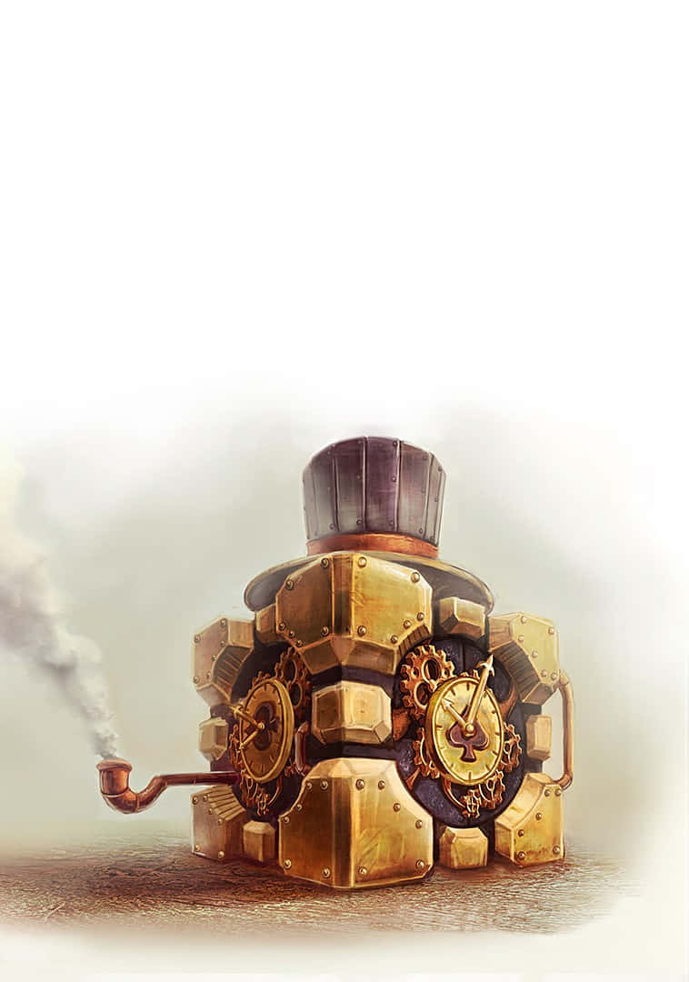 像素3《傳送門2》方塊機器人背景 壁紙 — 一個戴著高帽、抽著煙斗的異想天開黃銅發條機械人，站在模糊的背景前。