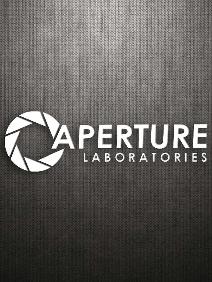 像素3《傳送門2》阿珀特實驗室背景 壁紙 — Aperture Laboratories 標誌，白色文字和相機光圈圖標，在深色紋理背景上。